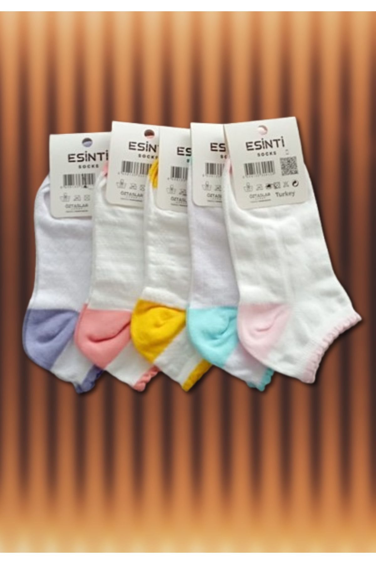 Esinti 5 Çift Kadın Basic Dikişsiz Burun Beyaz Bilek Boy Renkli Desenli Patik Çorap Seti 5 Adet