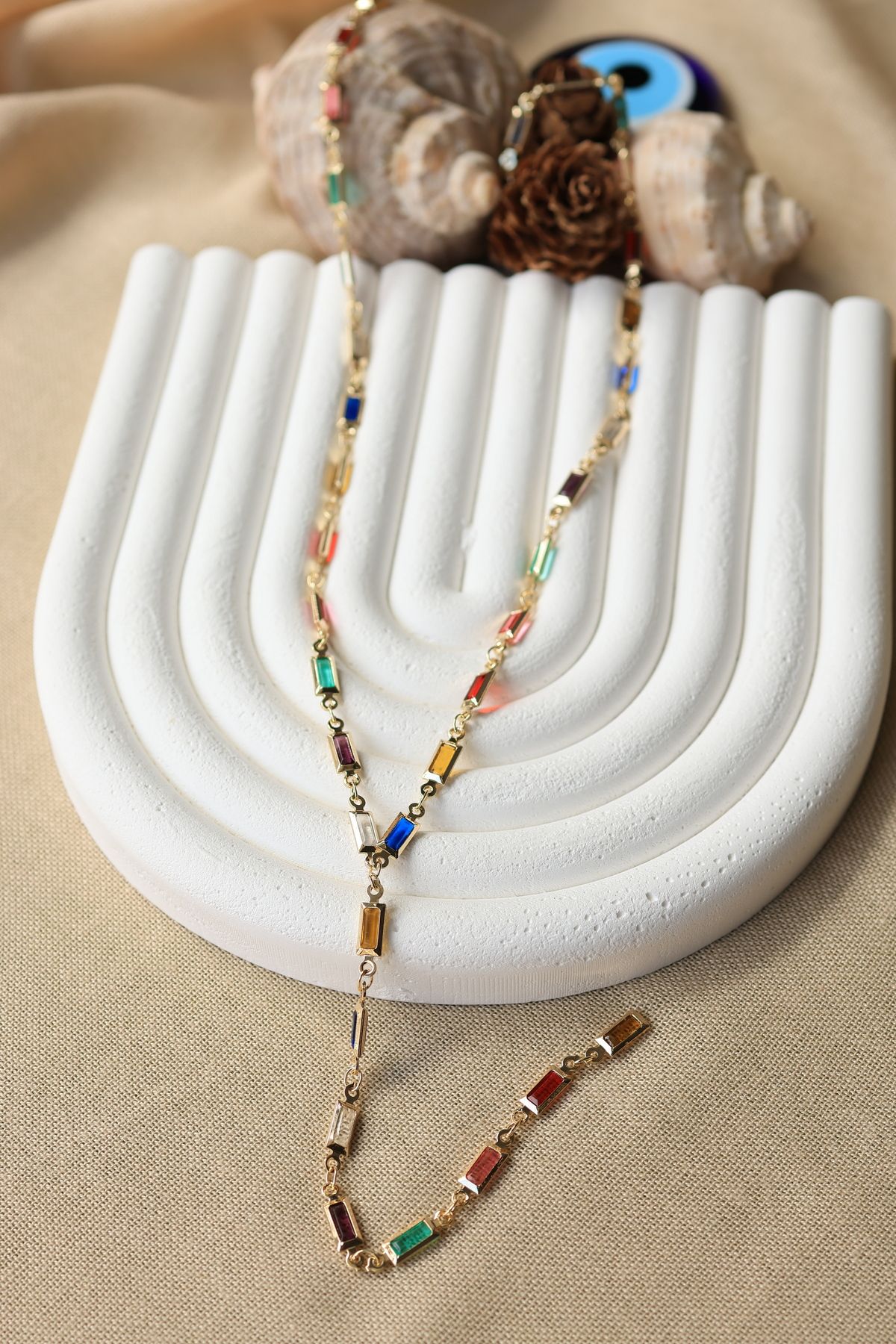 FİRST JEWELRY Renkli Taşlı Y Kolye