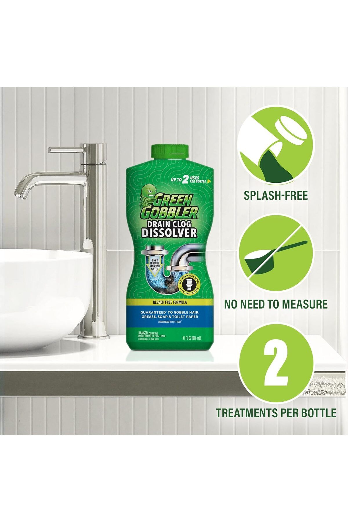 Green Gobbler-Green Gobbler Drain Clog Dissolver, Drain Opener-Cleaner, Toilet Clog Remover, 31 oz 7