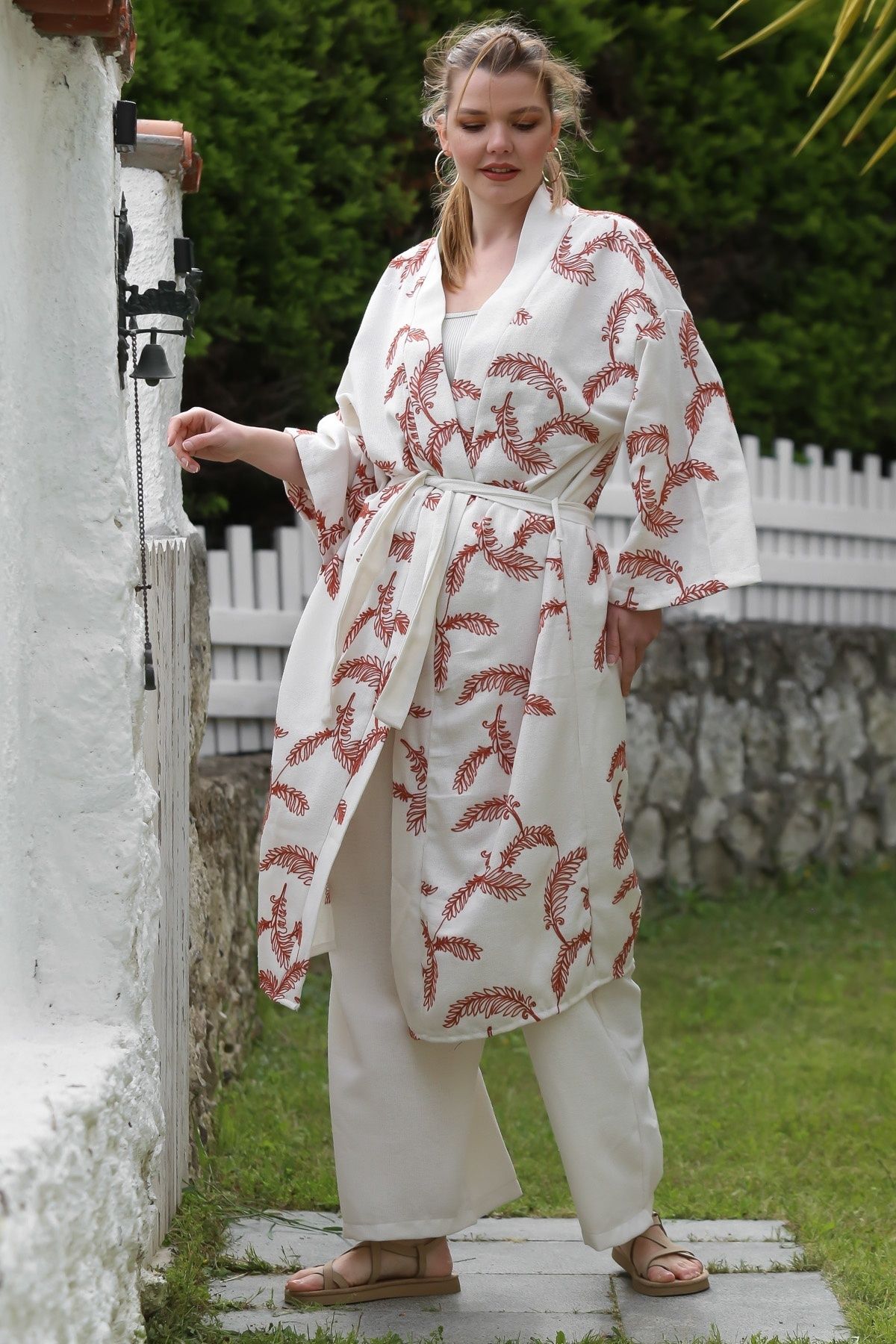 Chiccy Bej-Kahve Çizgili Kimono Yaka 3/4 Kol Nakışlı Geniş Paça Casual Dokuma Alt Üst Takım 125-100 70-65