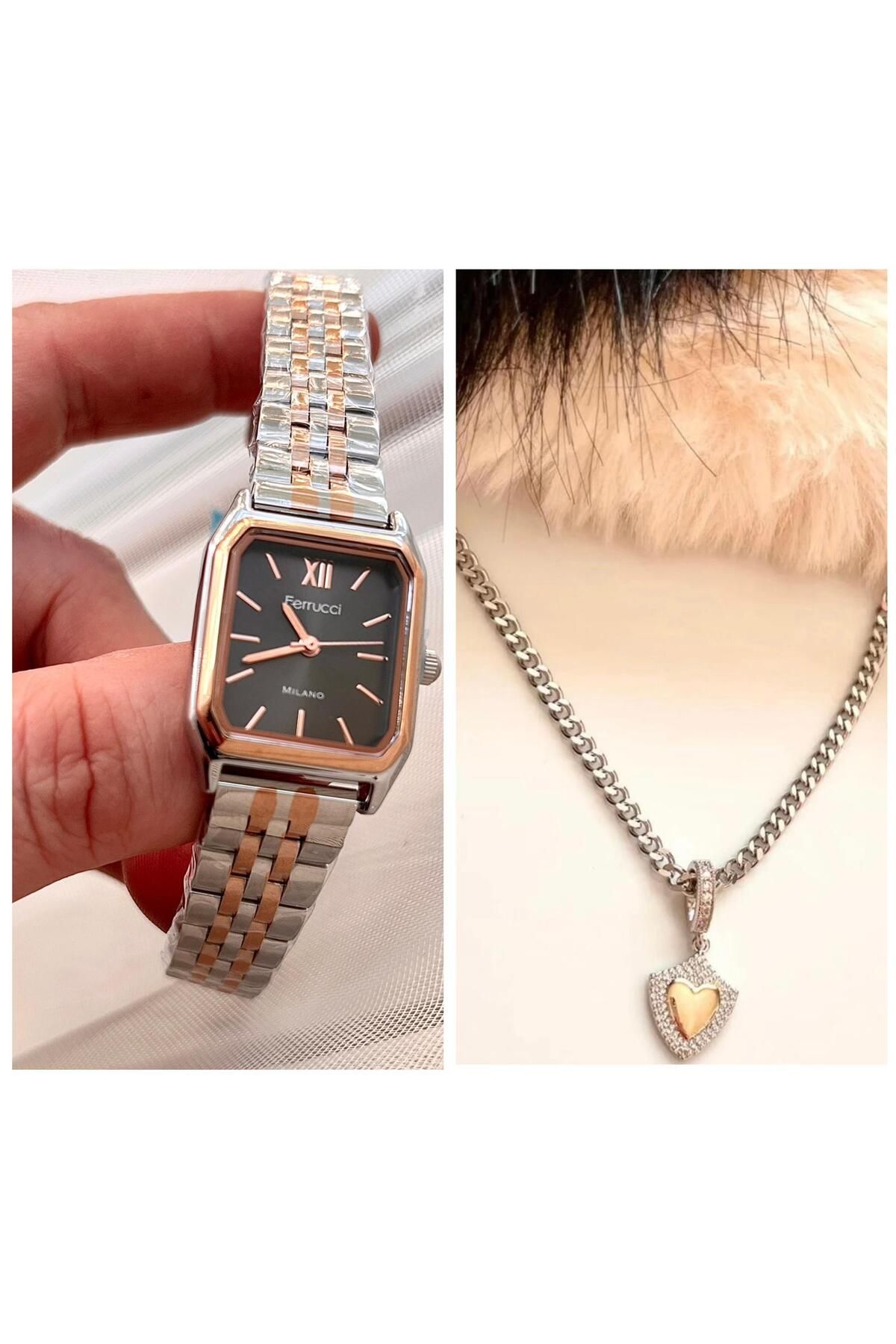 Ferrucci Milano Minimal Kare Kadran Çelik Kadın Kol Saati+Çelik Kolye Hediyeli