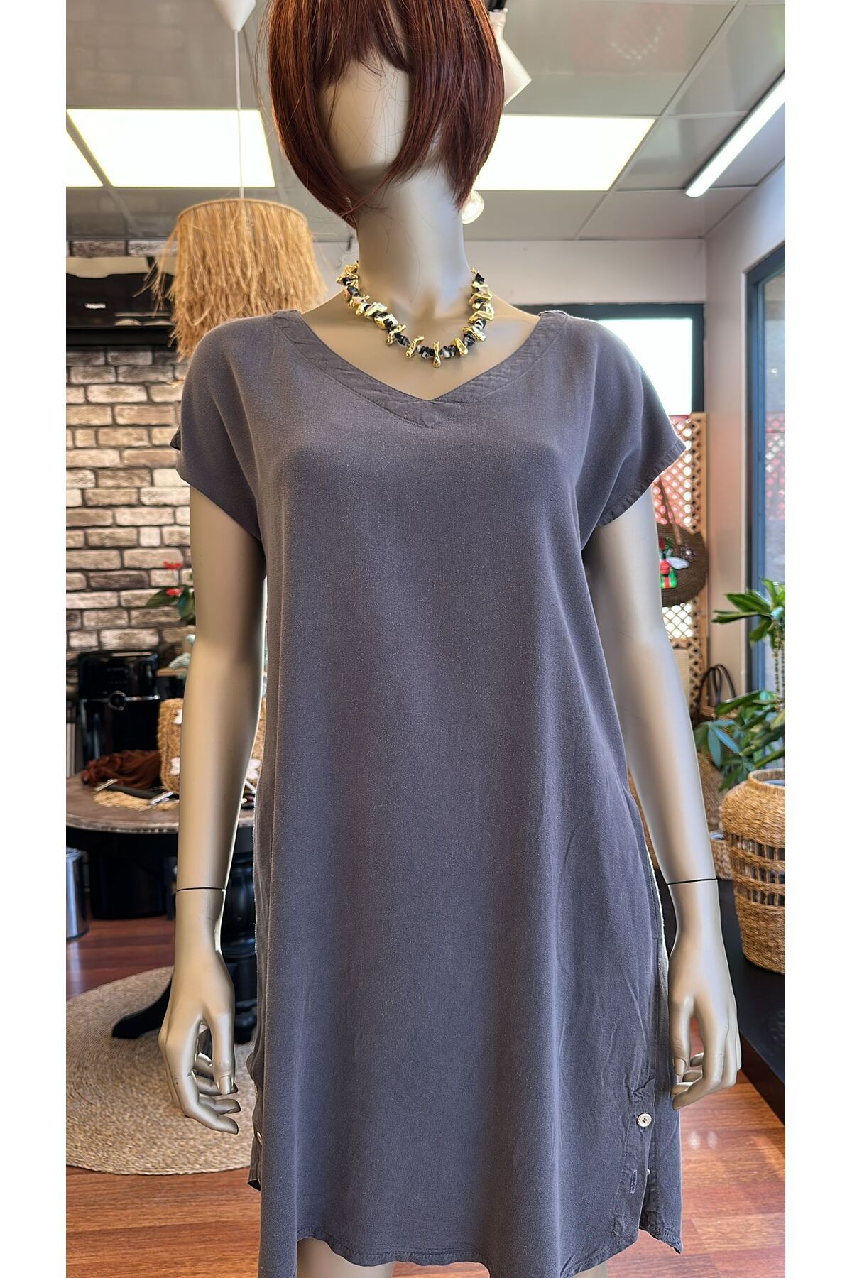 DOLCE QUEEN Kadın V Yaka Kısa Kollu Elbise (Tencel)