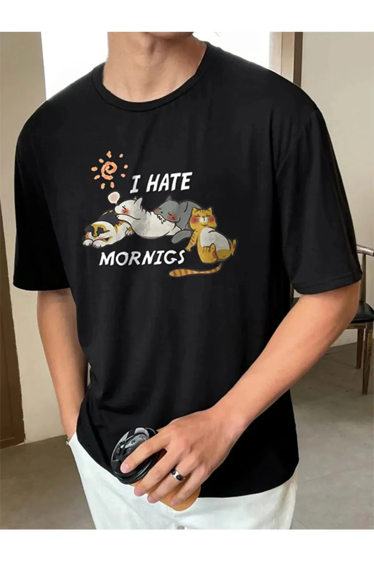 Genel Markalar I Hate Mornings Sevimli Kediler Baskılı Oversize T-shirt görsel 3