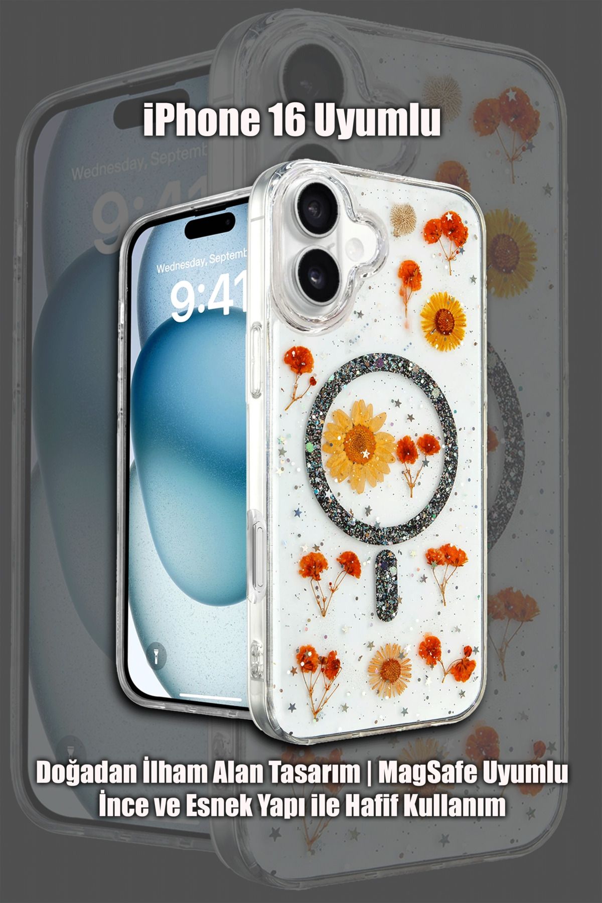 mobrika iPhone 16 Uyumlu Daisy Simli Magsafe Kapak Çiçek Detaylı Şeffaf Telefon Kılıfı