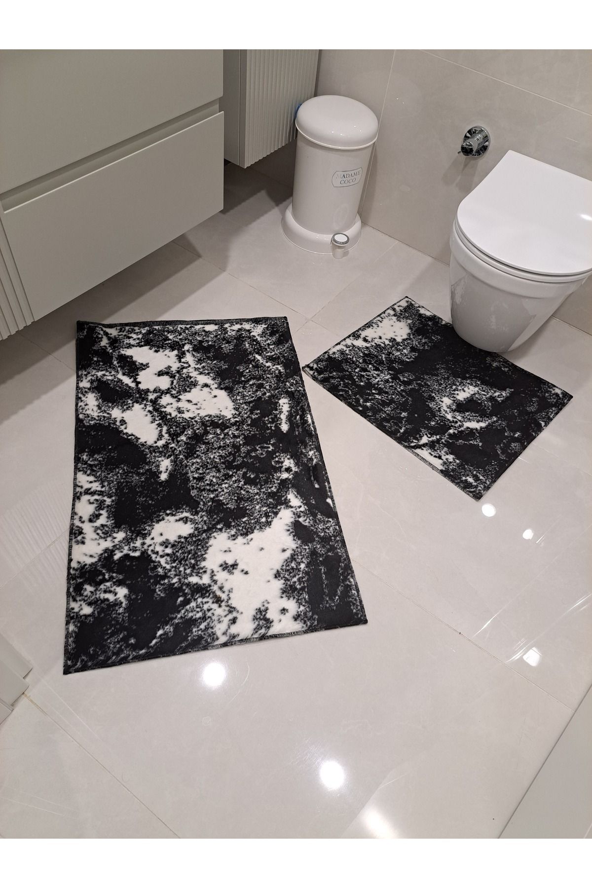 hayat life PELUŞ DOKUMA DESENLI SİYAH -BEYAZ 2 Lİ BANYO BANYO PASPASI.
