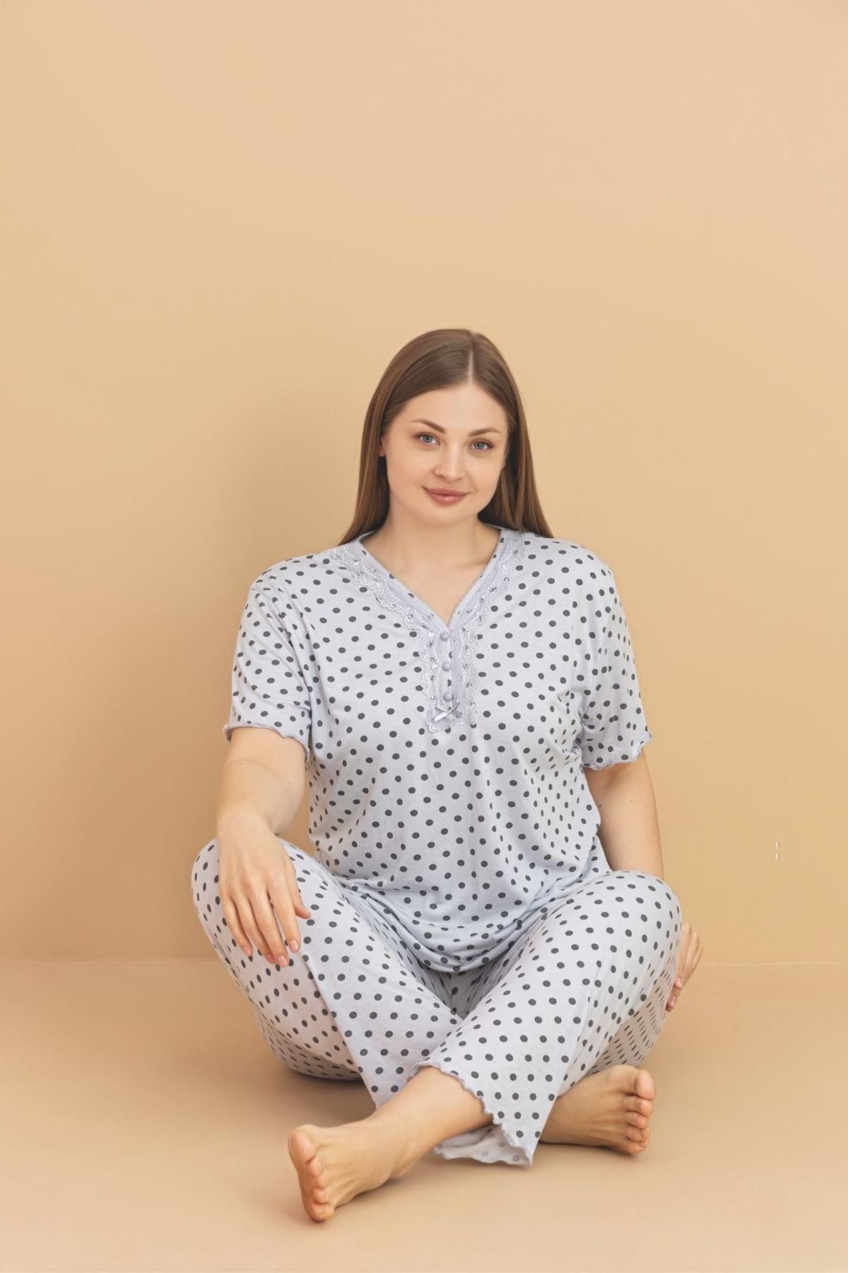 PİJAMERRY Pijamerry Kadın Büyük Beden Dantel Yaka Bambu Kısa Kol İnce Pijama Takımı 5929 - 1 Adet
