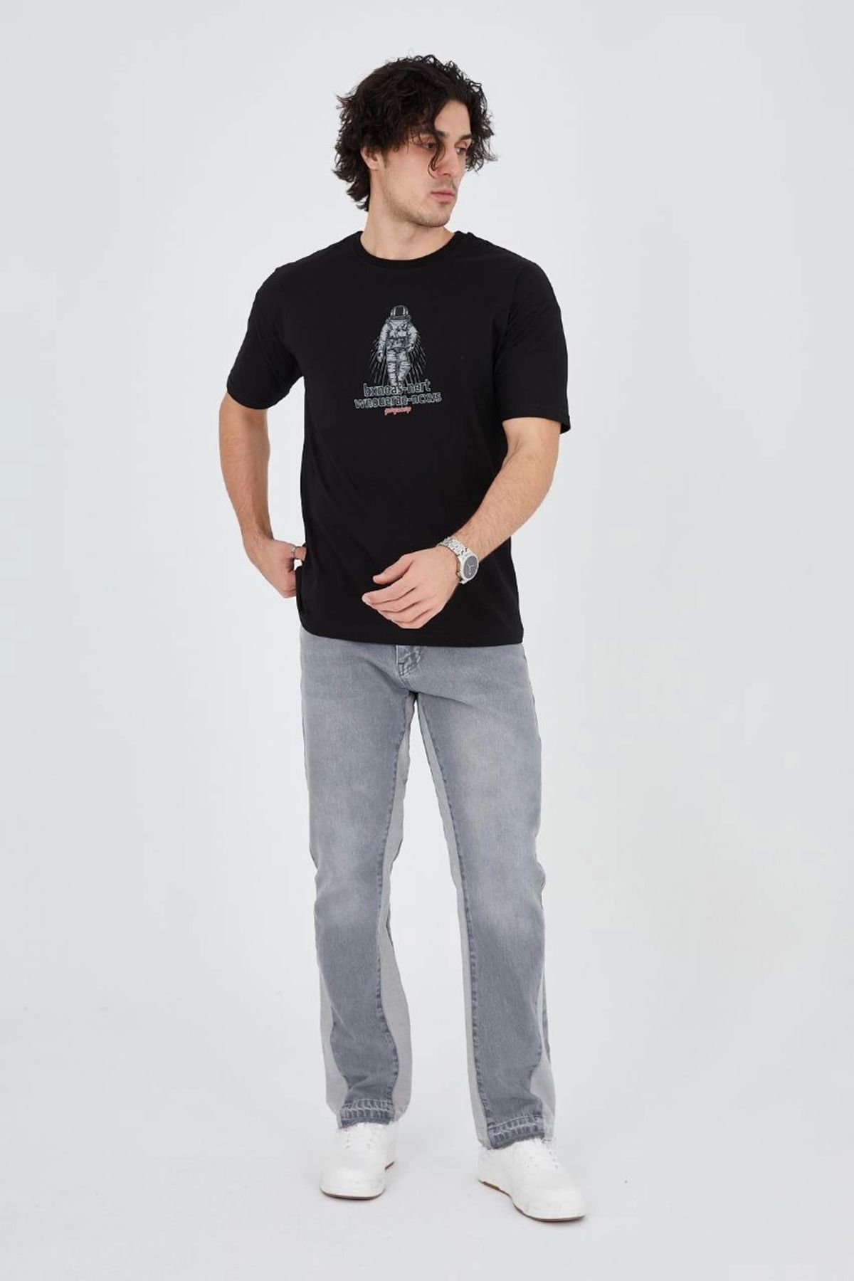 Pink Stil Erkek Penye Baskılı T-Shirt - Siyah Pink Stil