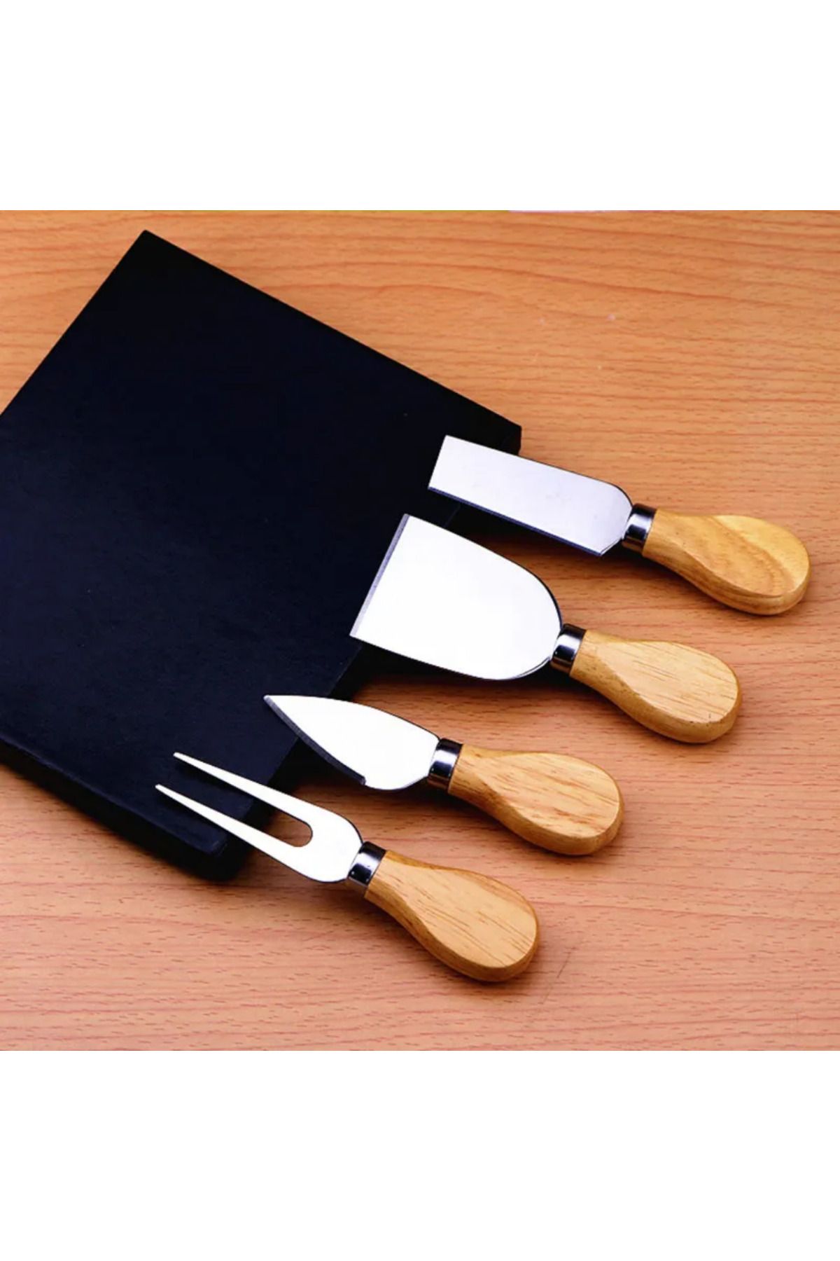 ellahomedekor 4 Parça Bambu Saplı Peynir Bıçak Çatal Spatula Seti, Sunum Seti