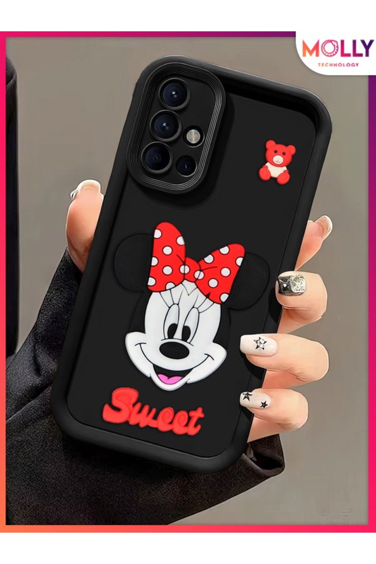 Molly Samsung Galaxy A71 İçin Siyah Kenarları Kalın 3d Kabartmalı Sevimli Minnie Silikon Kılıf