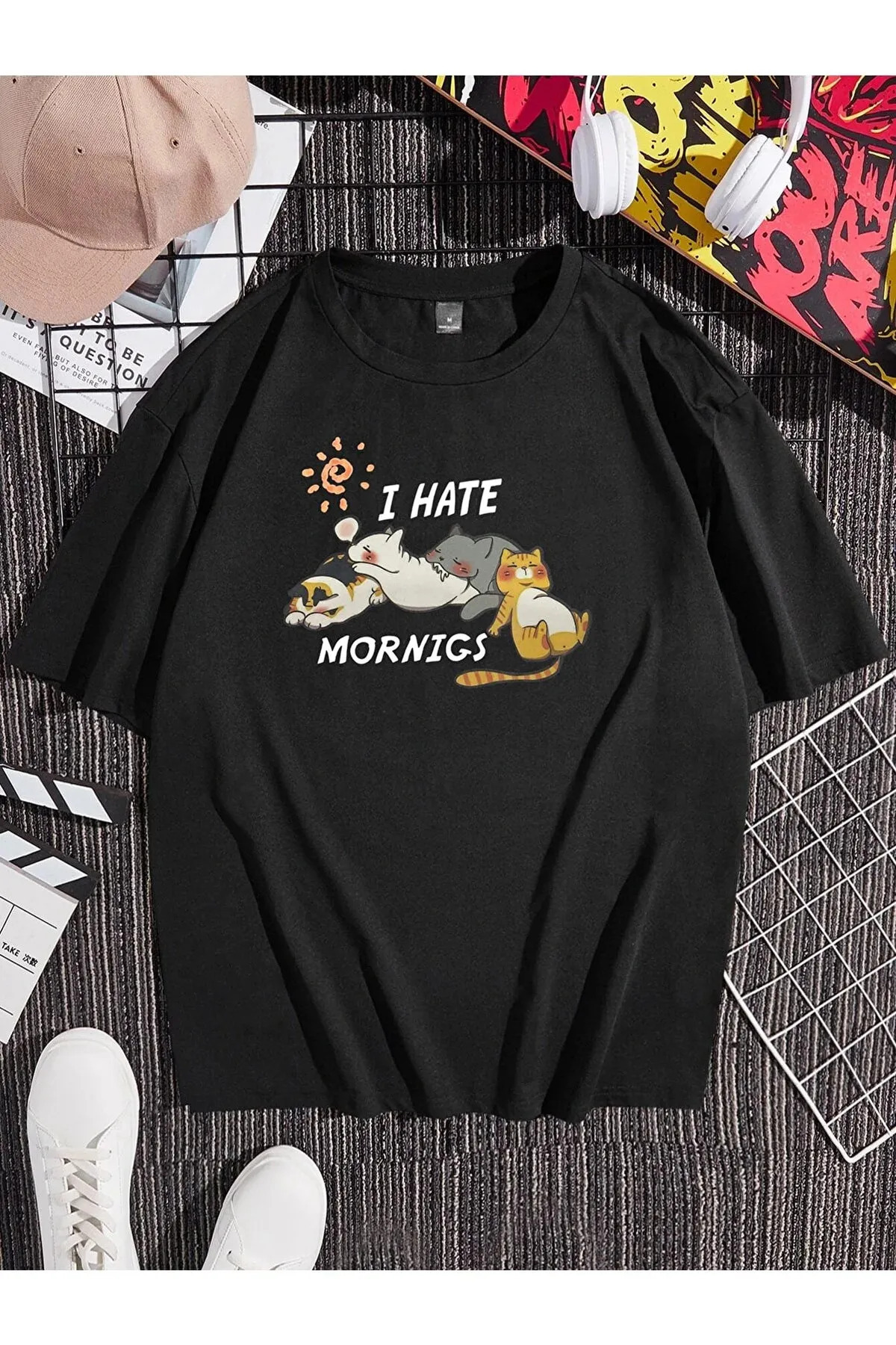 Genel Markalar I Hate Mornings Sevimli Kediler Baskılı Oversize T-shirt görsel 4