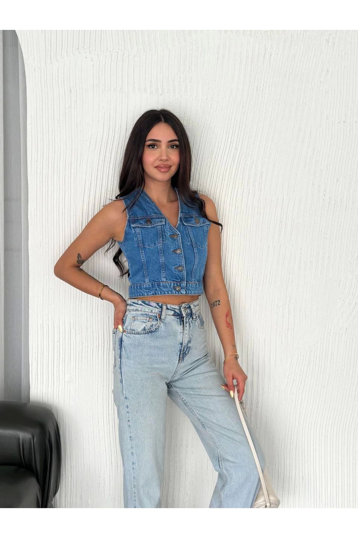 Pink Stil Kot Jeans Kadın Yelek - Mavi Pink Stil