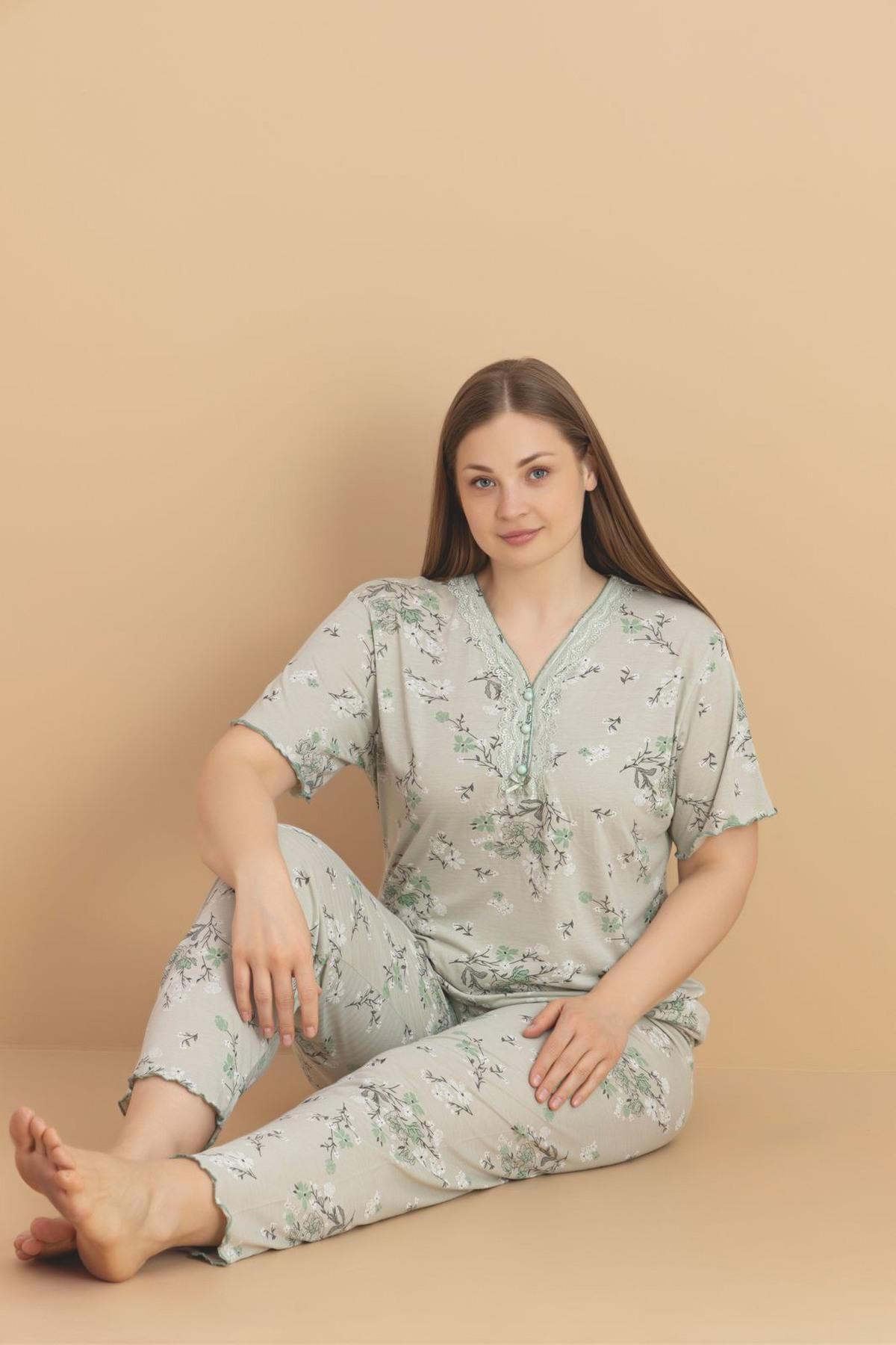 PİJAMERRY Pijamerry Kadın Büyük Beden Dantel Yaka Bambu Kısa Kol İnce Pijama Takımı 5990 - 1 Adet