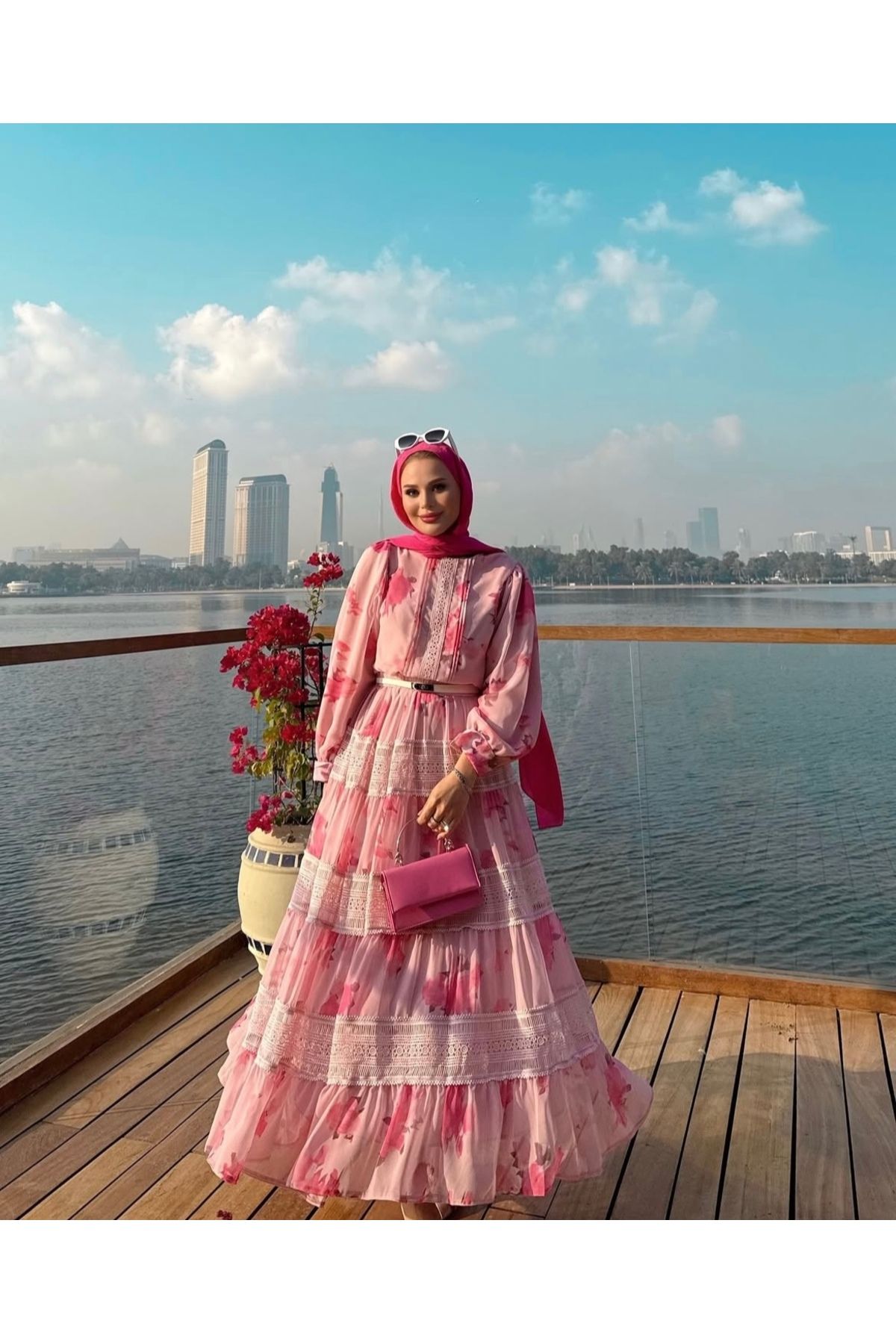 Rabia Ateş Etekli Tesettür Takım Pembe