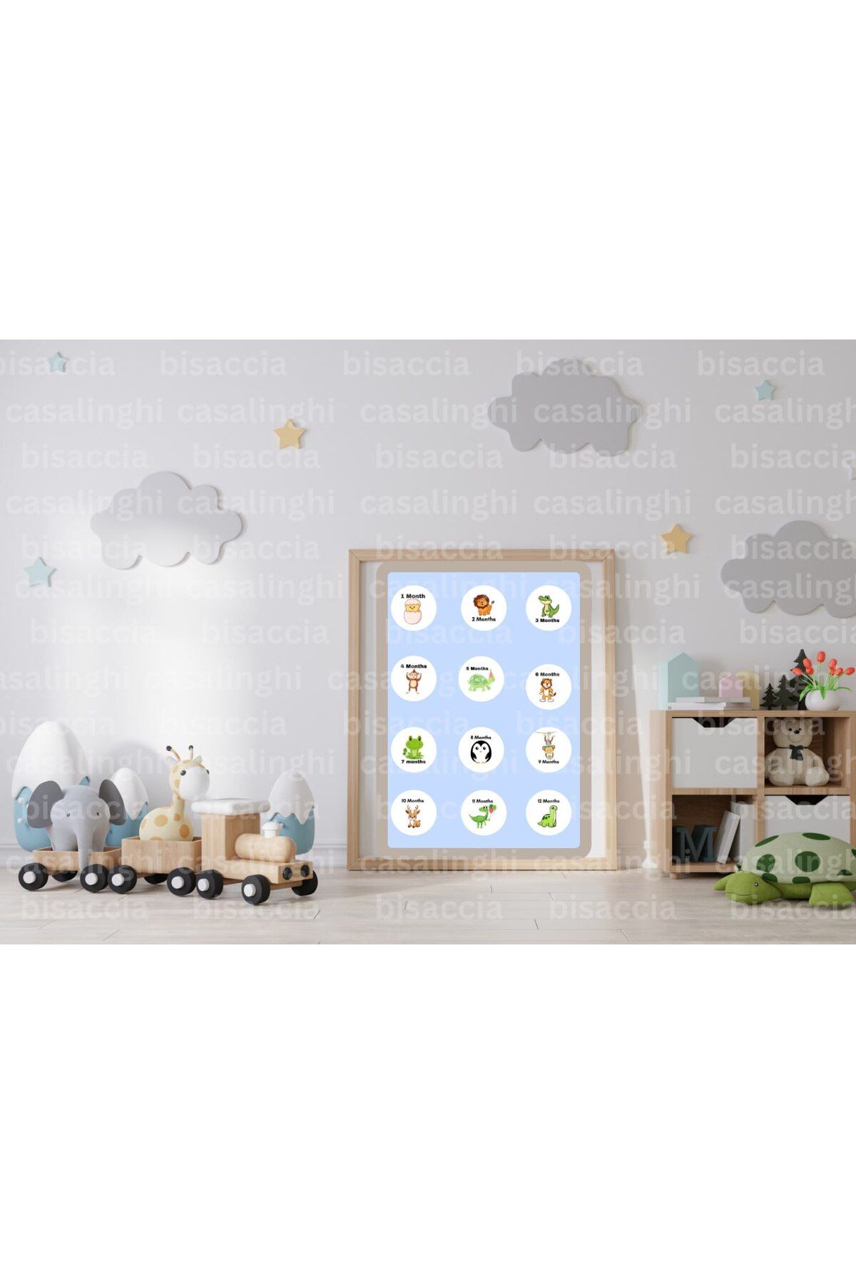 CASALINGHI İngilizce 12 Aylık Bebek Etiketi 12 Months Hayvan Baskılı Yeni Doğan Yuvarlak Sticker 4 Cm (84 Adet)