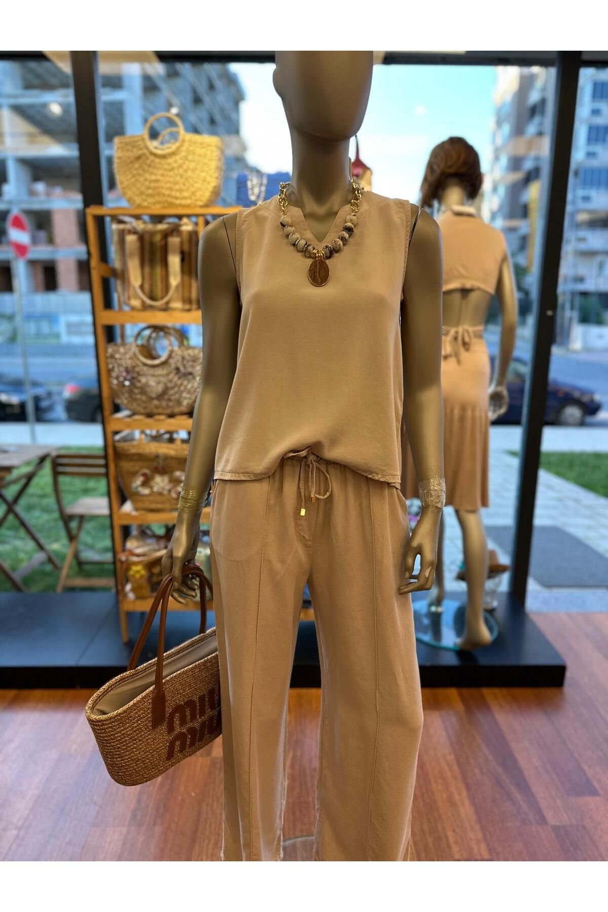 DOLCE QUEEN Kadın Kolsuz Bluz-Pantolon Takım (Tencel)