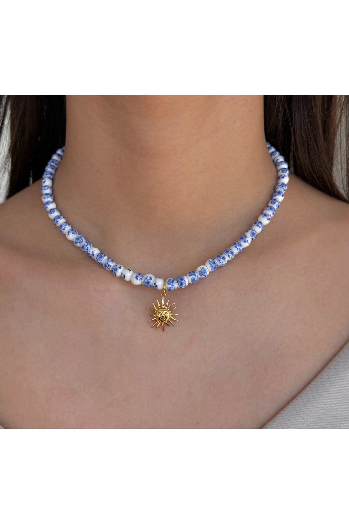 h&b design jewel Güneş Detay Mavi Tasarım Kolye