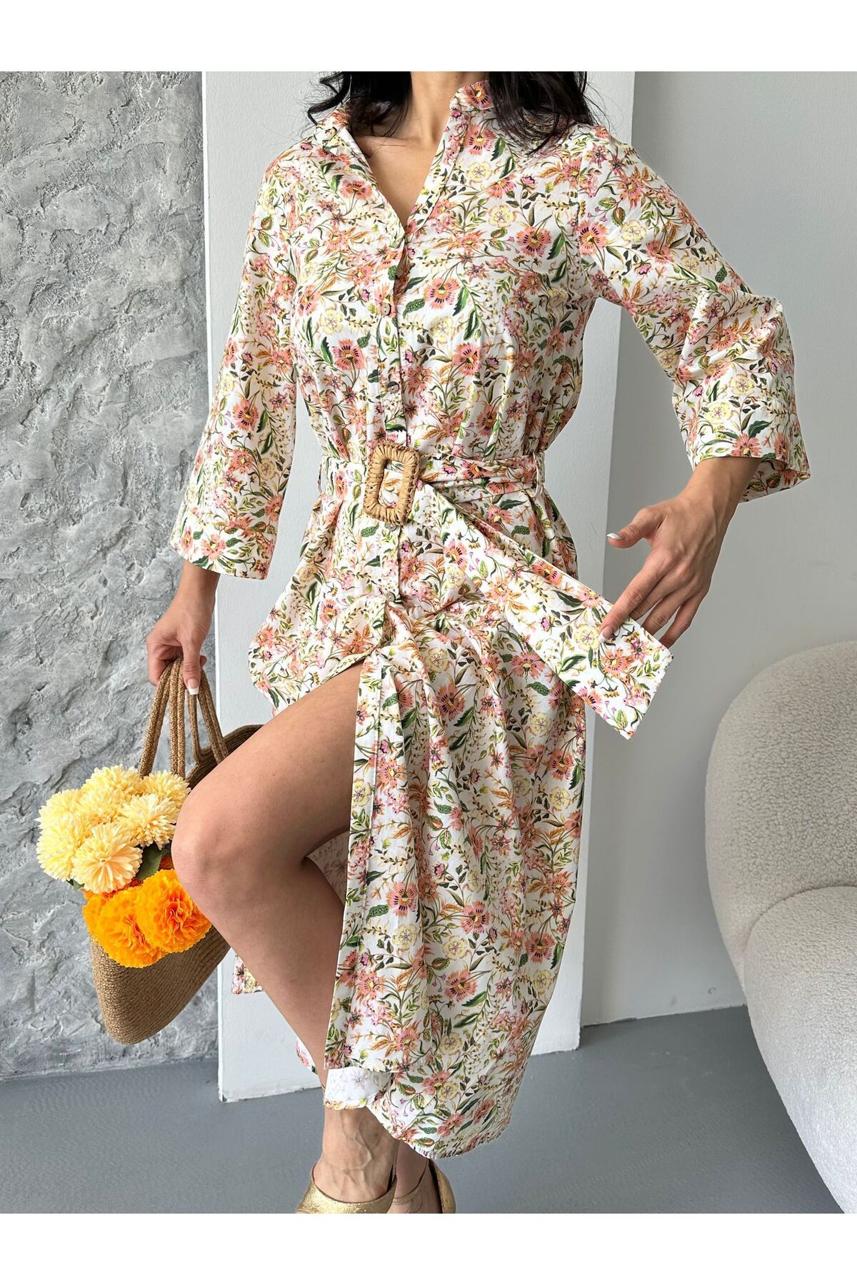 Zaya Collection Kemerli Çiçek Desenli Yırtmaçlı Tasarım Elbise