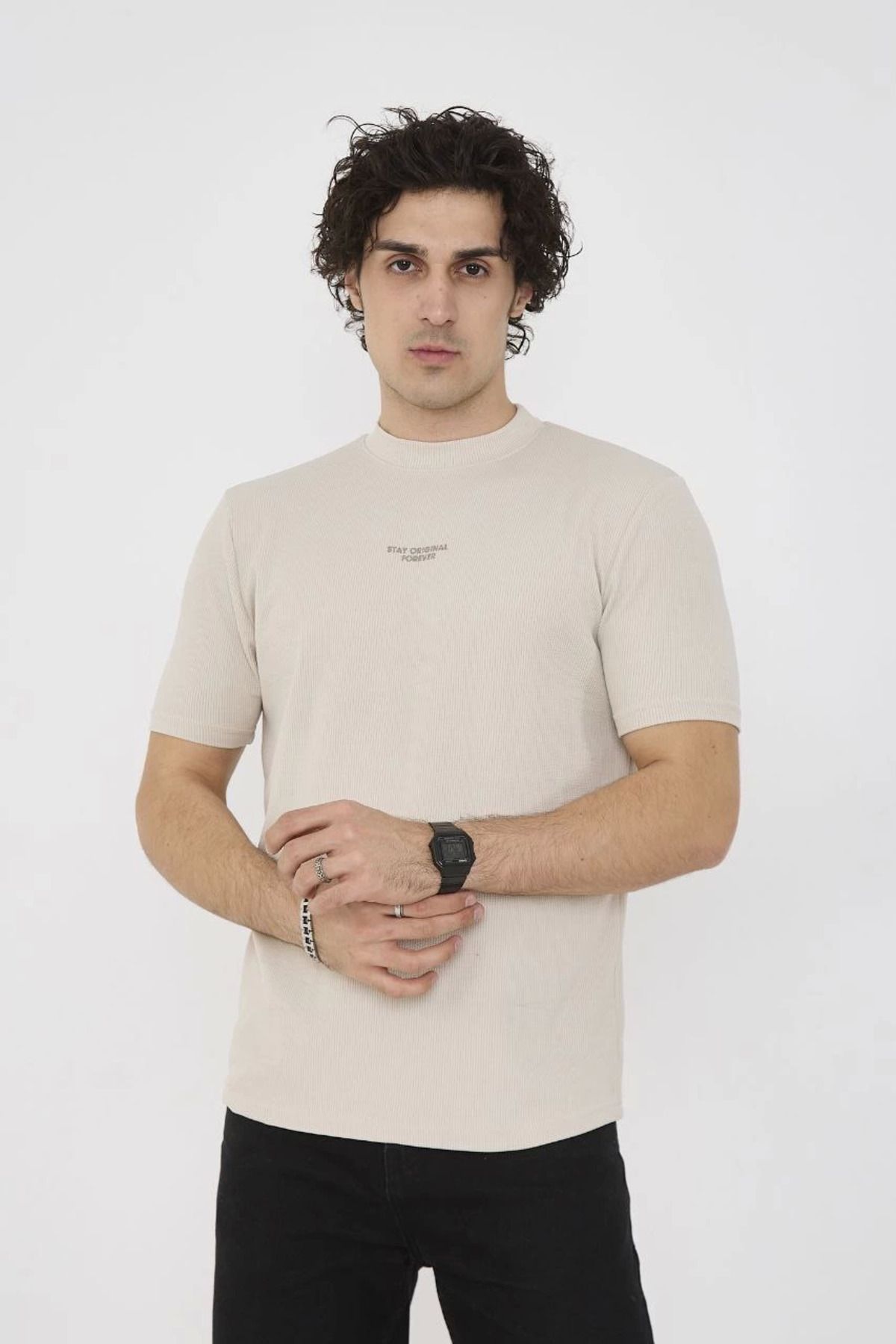 Pink Stil Unisex Bisiklet Yaka Slim fit T-Shirt- Bej Pink Stil