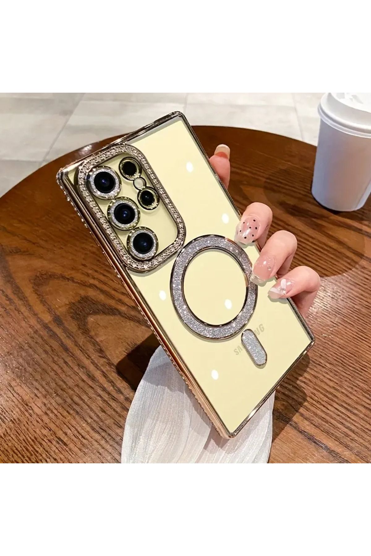 Posso Samsung Galaxy S24 Ultra Kılıf Simli Taşlı Detay Magsafe Kamera Lens Korumalı Işıltılı Silikon Case