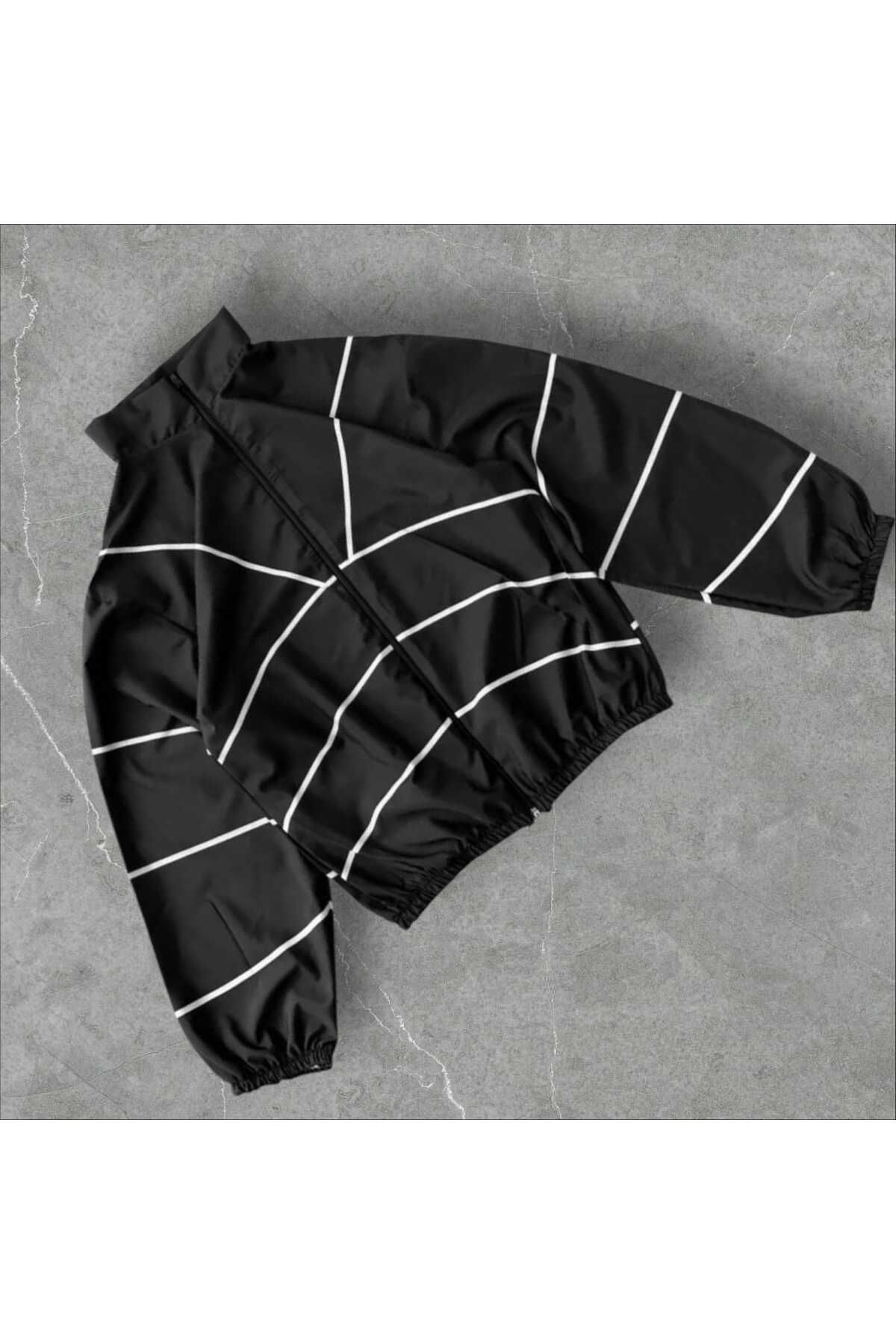 m.baba Unisex Paraşüt Kumaş Çizgi Detay Baskılı Oversize Mavi Rüzgarlık Yağmurluk