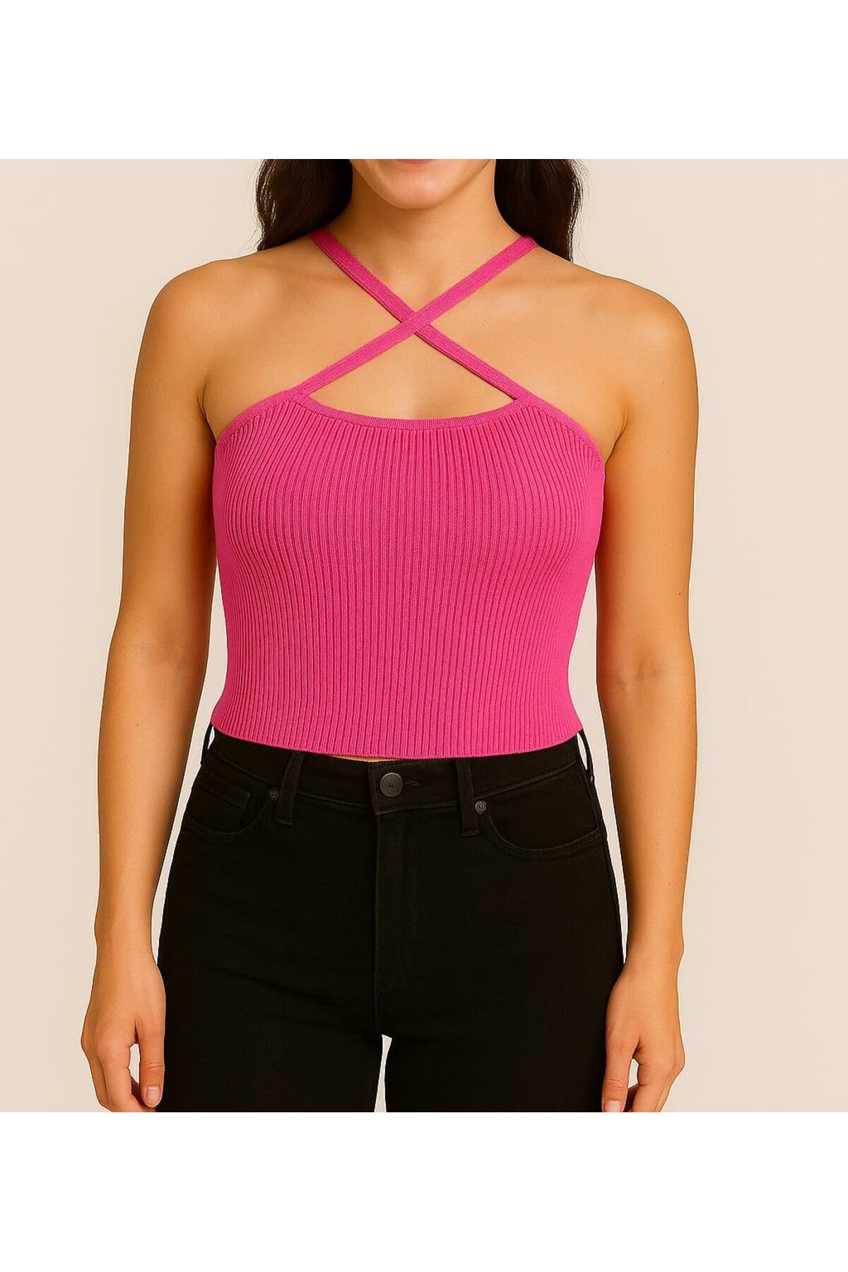 ASEZ BUTİK Asez Butik Çapraz Yaka Siyah Crop Bluz