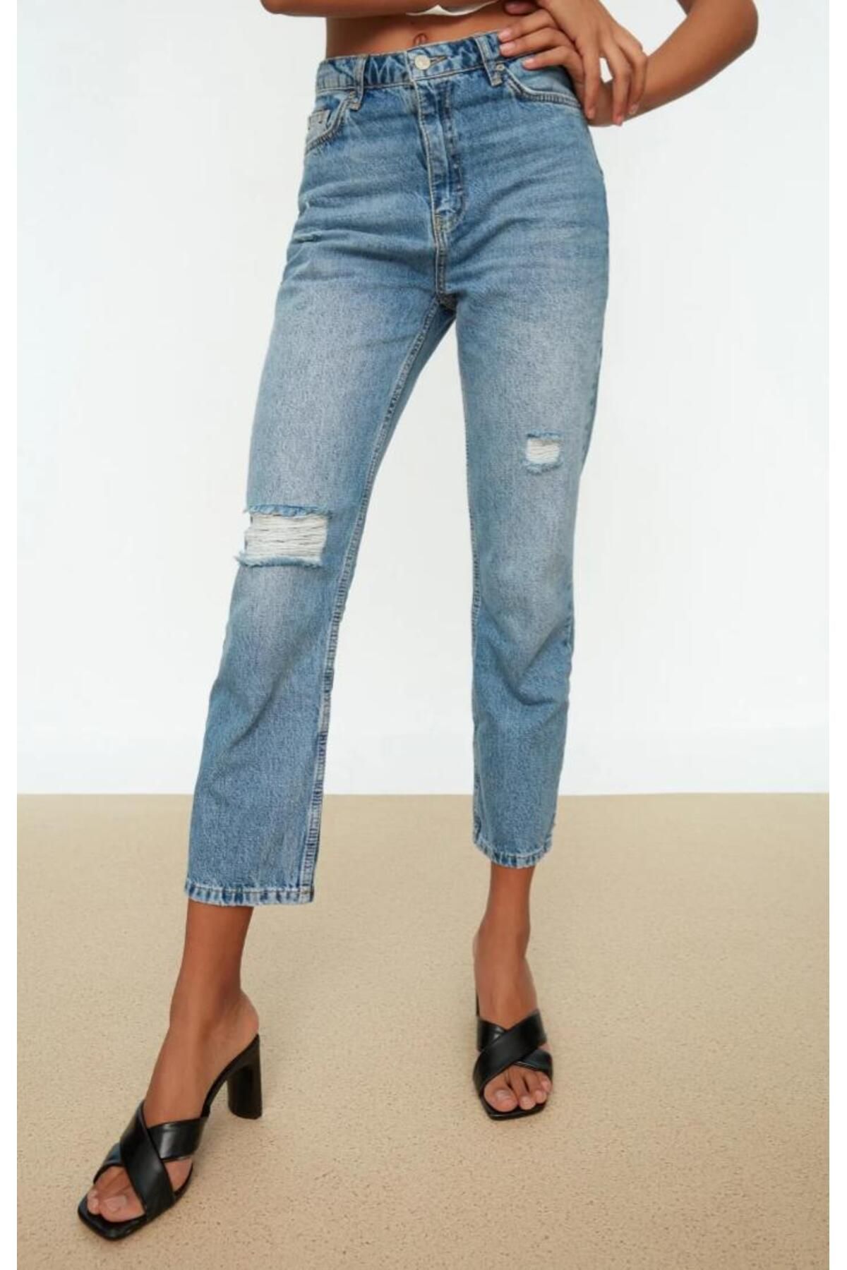 KARACAN COMPANY Yırtık Detaylı Yüksek Bel Straight Jeans