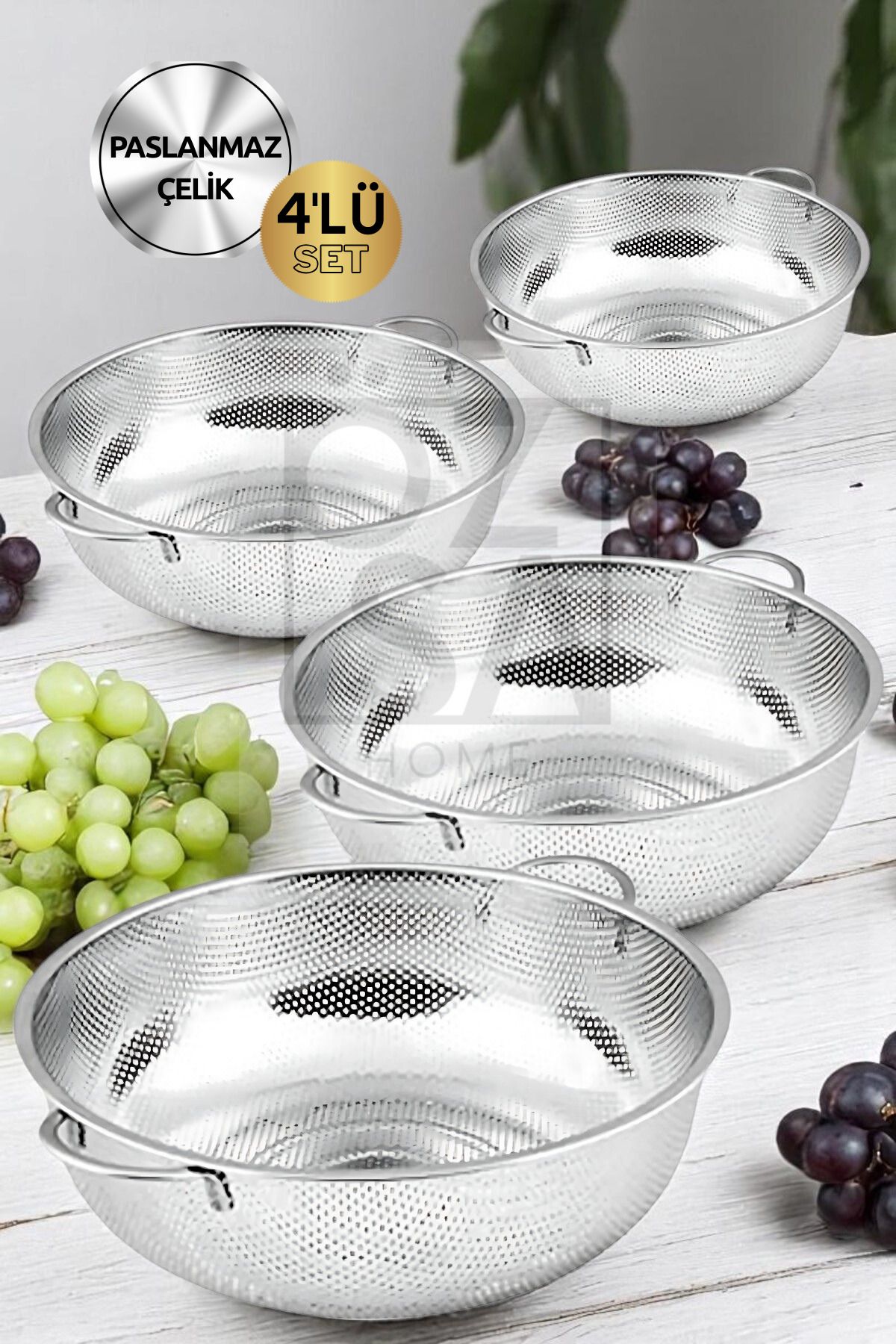 ÖzSa Home 4'lü Paslanmaz Çelik Süzgeç Seti Mutfak Kulplu Süzgeç Takımı 22-25-28-31 cm