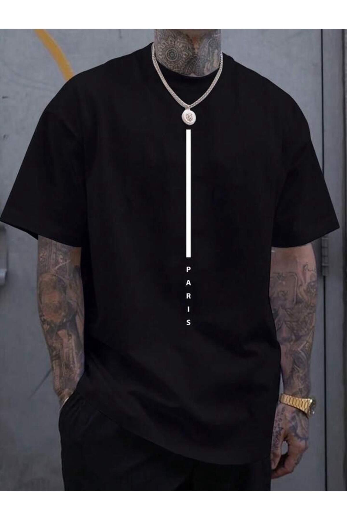 MANCY Unisex Paris Çizgi Baskılı Oversize %100 Pamuk T-shirt