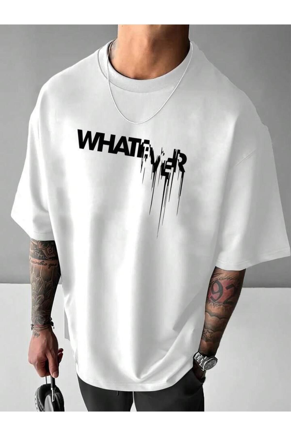 MANCY Unisex Beyaz Whatever Baskılı Oversize %100 Pamuk T-shirt