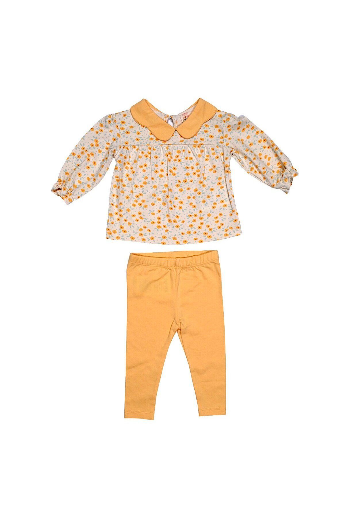 Bupper Sarı Çiçek Desenli Kız Bebek Takımı - Bebe Yakalı Çiçek Desenli Sweatshirt ve Sarı Tayt
