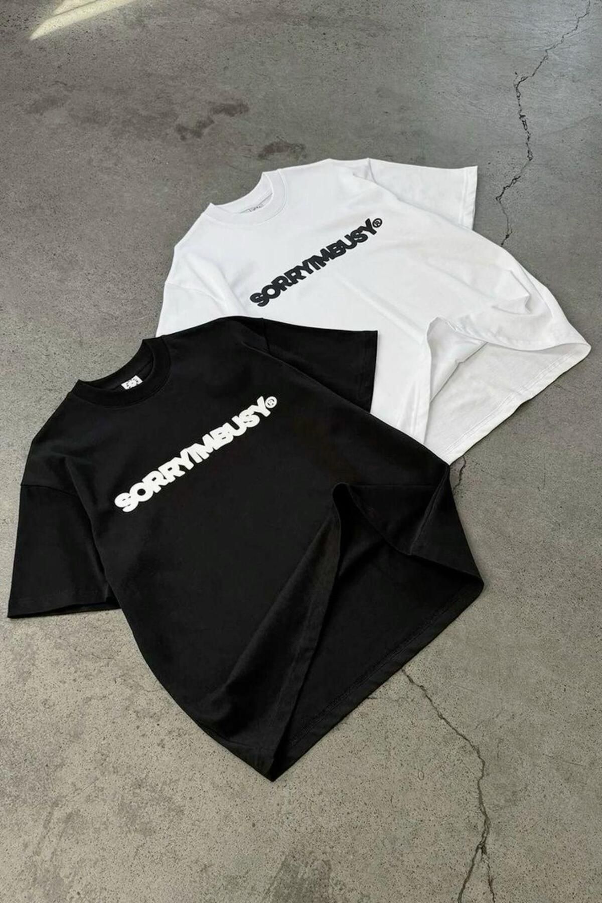 MANCY Unisex Sorryımbusy Baskılı Oversize 2'li Set %100 Pamuk T-shirt