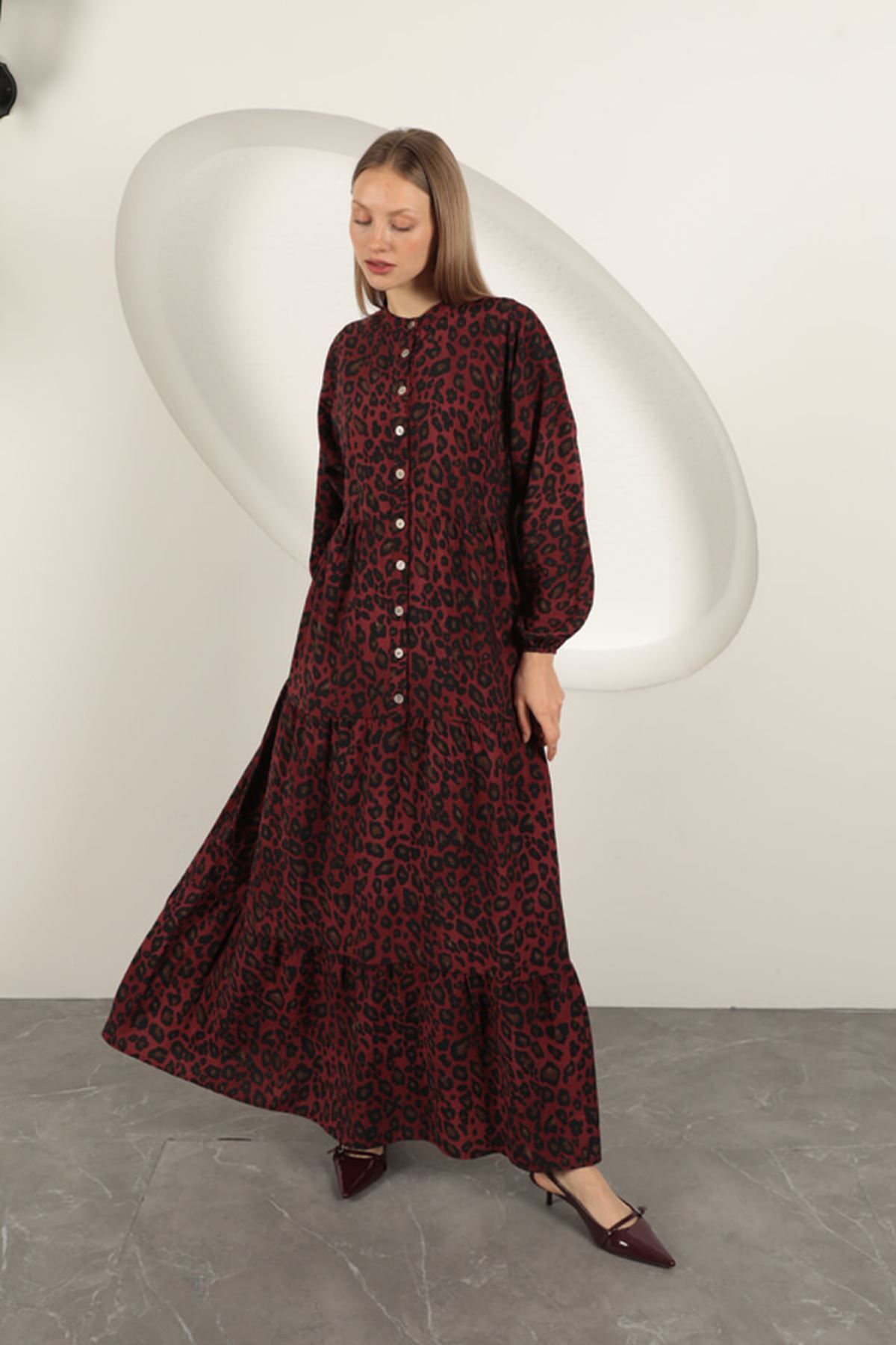blueb Viskon Kumaş Leopar Desen Elbise-Bordo