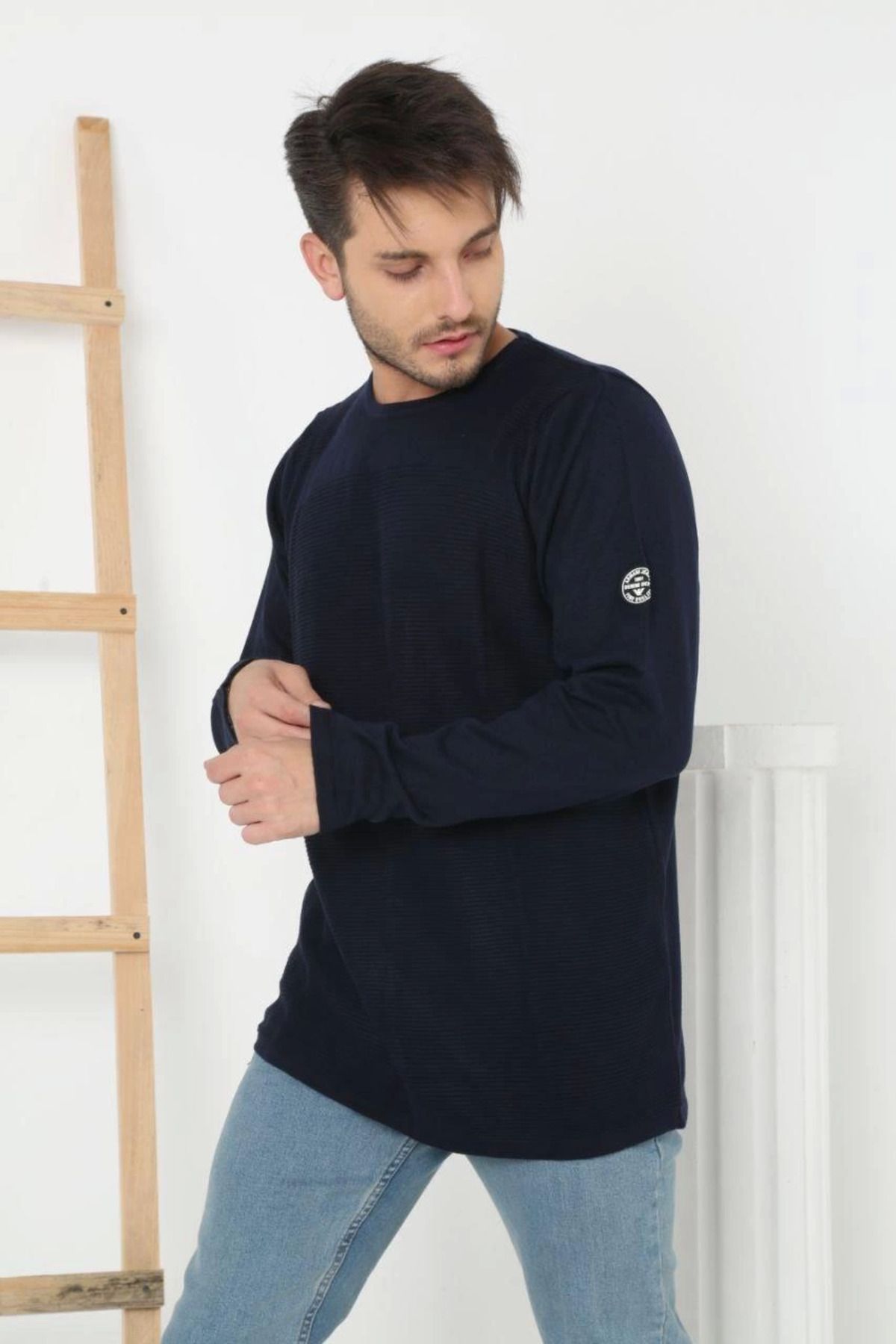 Pink Stil Erkek Biskilet Yaka Kolu Armalı - Lacivert Pink Stil