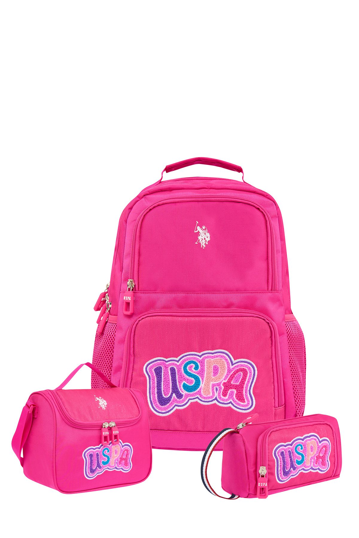 U.S. Polo Assn. 25012-25027 3'lü kız çocuk İlkokul ortaokul Çantası Beslenme Çantası Kalemlik PEMBE