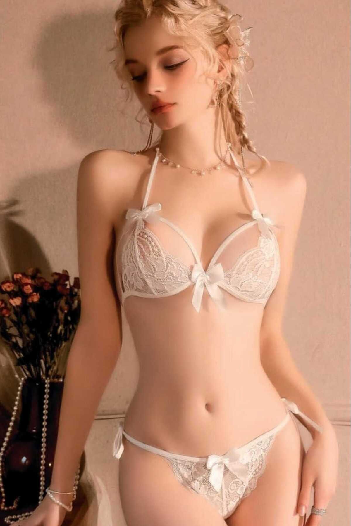 RUNA UNDERWEAR KADIN BEYAZ KURDELELİ DANTEL DETAYLI FANTEZİ BRALET TAKIM ALT ÜST TAKIM