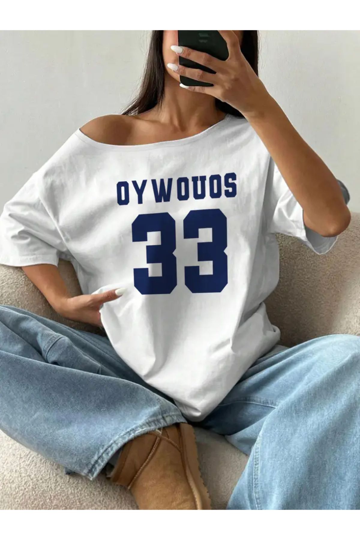 MANCY Kadın Kayık Yaka Oywouos Baskılı Oversize %100 Pamuk T-shirt