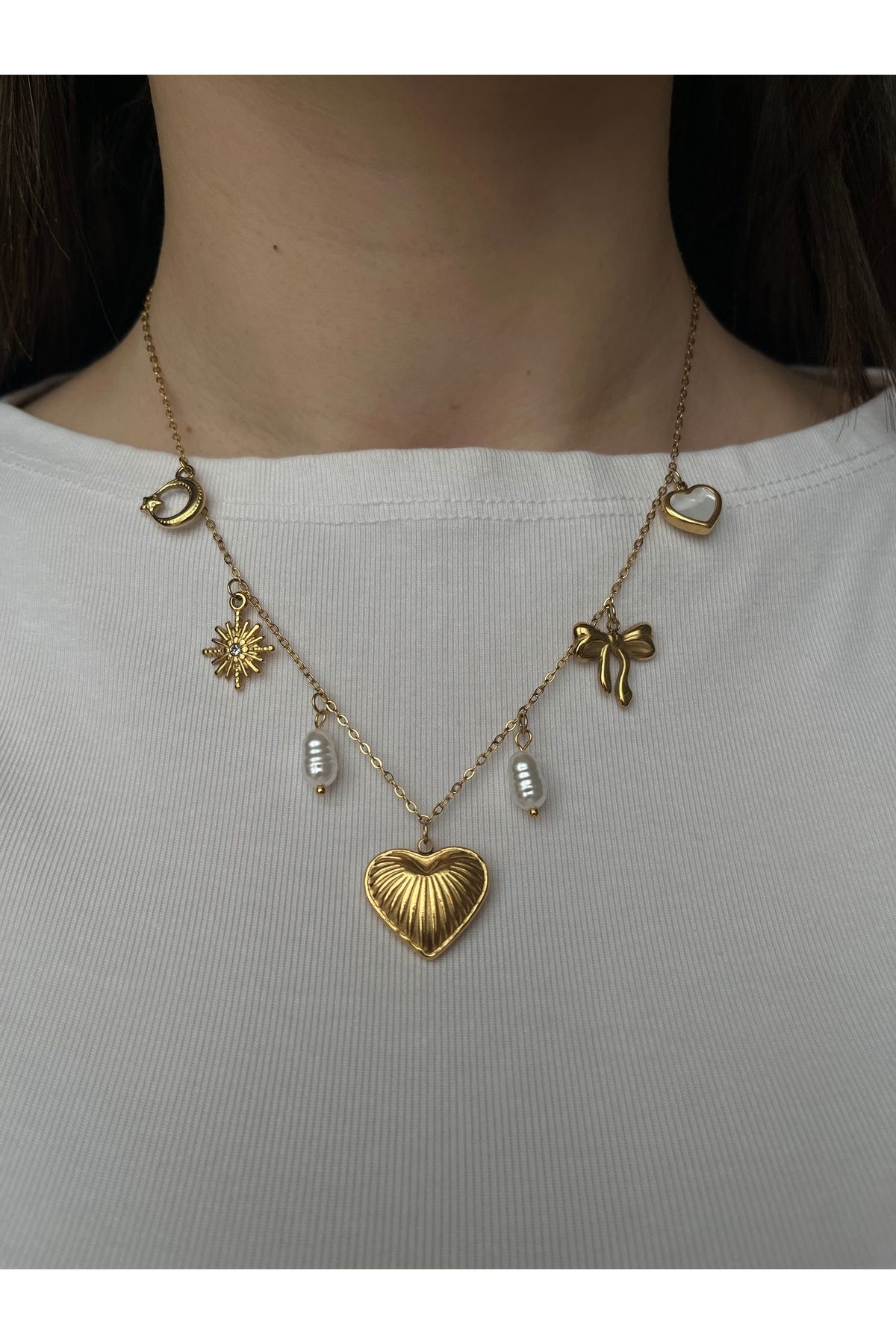 Alya Jewelry Çelik Gold Çoklu Charm Kolye
