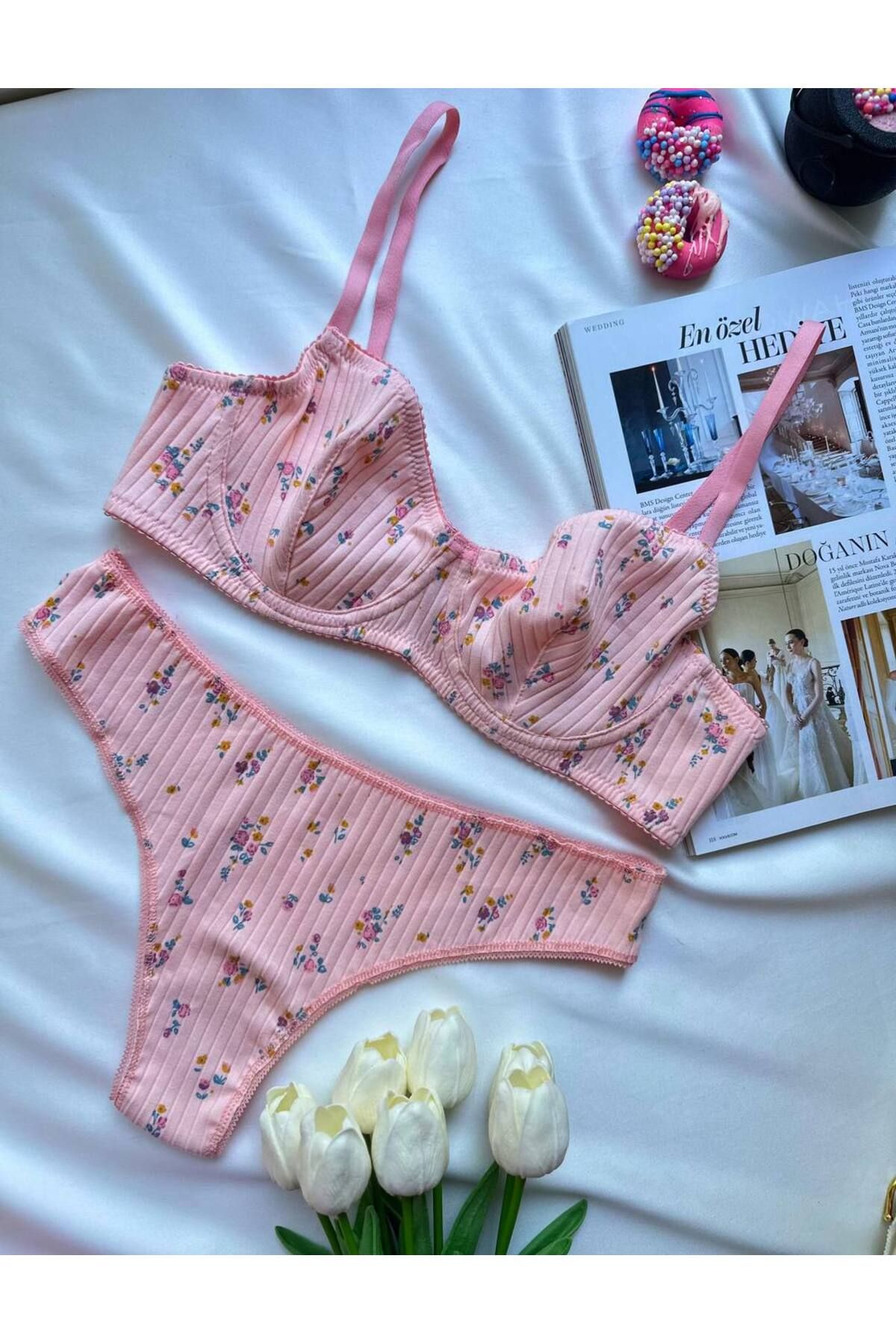 Lingerie Pamuklu çiçekli sütyen külot iç çamaşır takımı