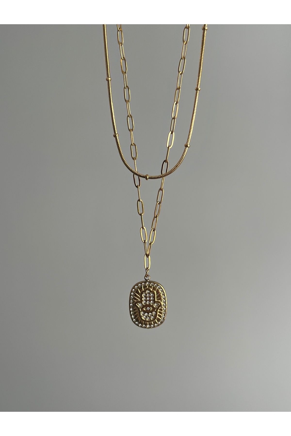 Alya Jewelry Çelik Gold 2li Dorika Zincirli Fatma Ana Eli Kolye