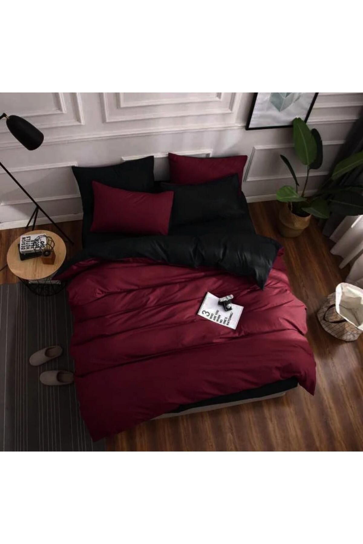 Belsina Home Set Cuvertură De Pilota Dublă, Neagră, Roșu Claret, Cu Două Fețe (cearșaf Cu Elastic 180x200 Cm) - One Size