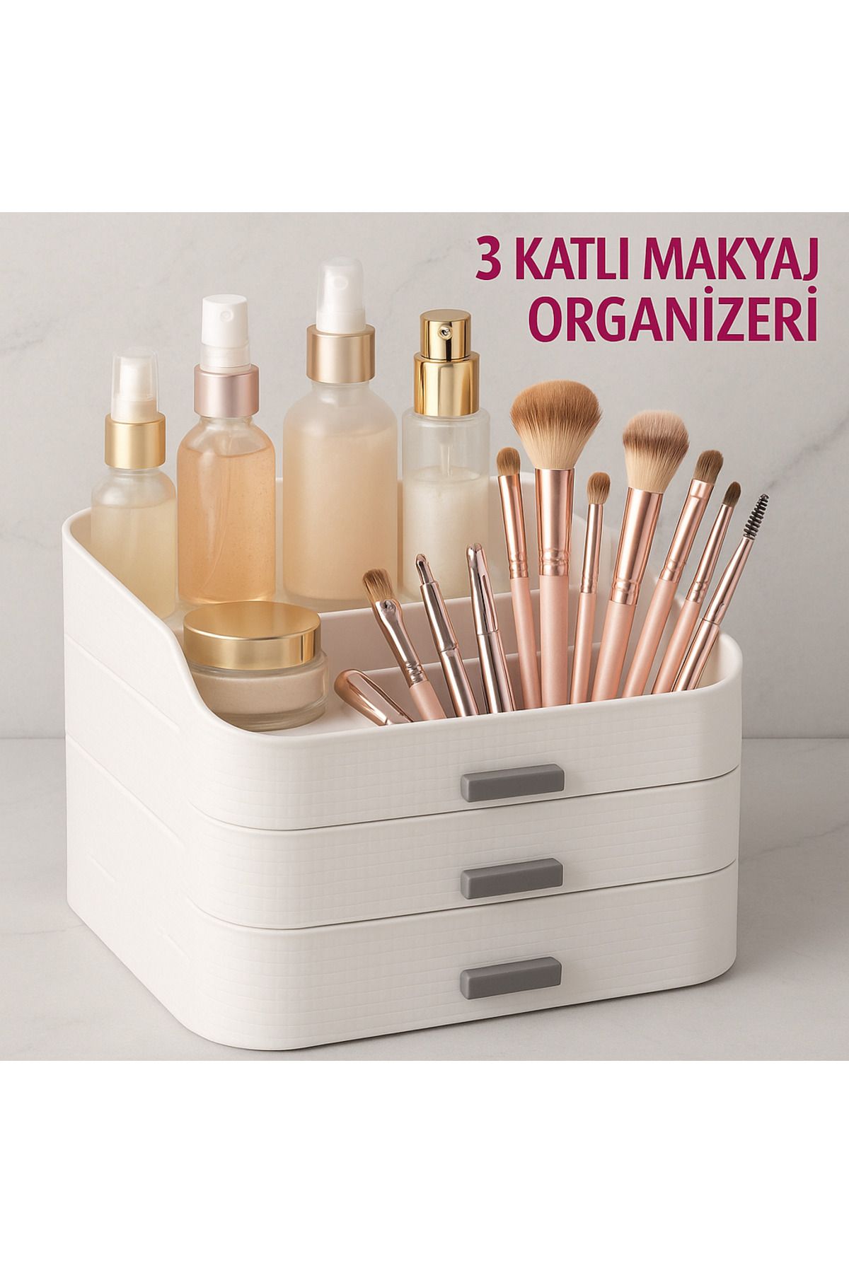 MDAY POWER 3 Katlı Çekmeceli Makyaj Organizeri – Beyaz, Kozmetik Düzenleyici Kutusu