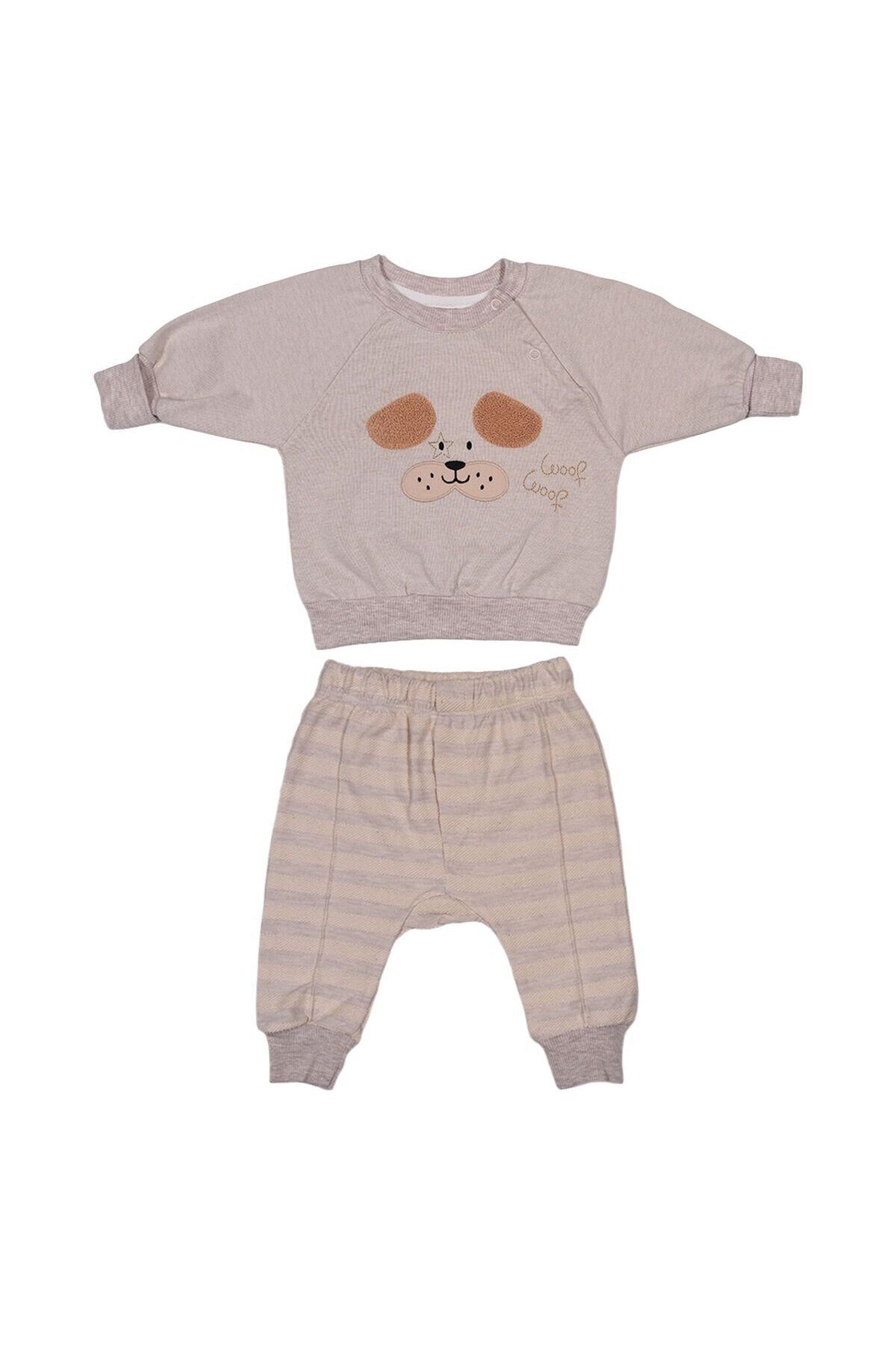 Jikko Baby Woof Mevsimlik 2'li Bebek Takımı – Köpek Aplikeli Sweatshirt ve Çizgili Pantolon