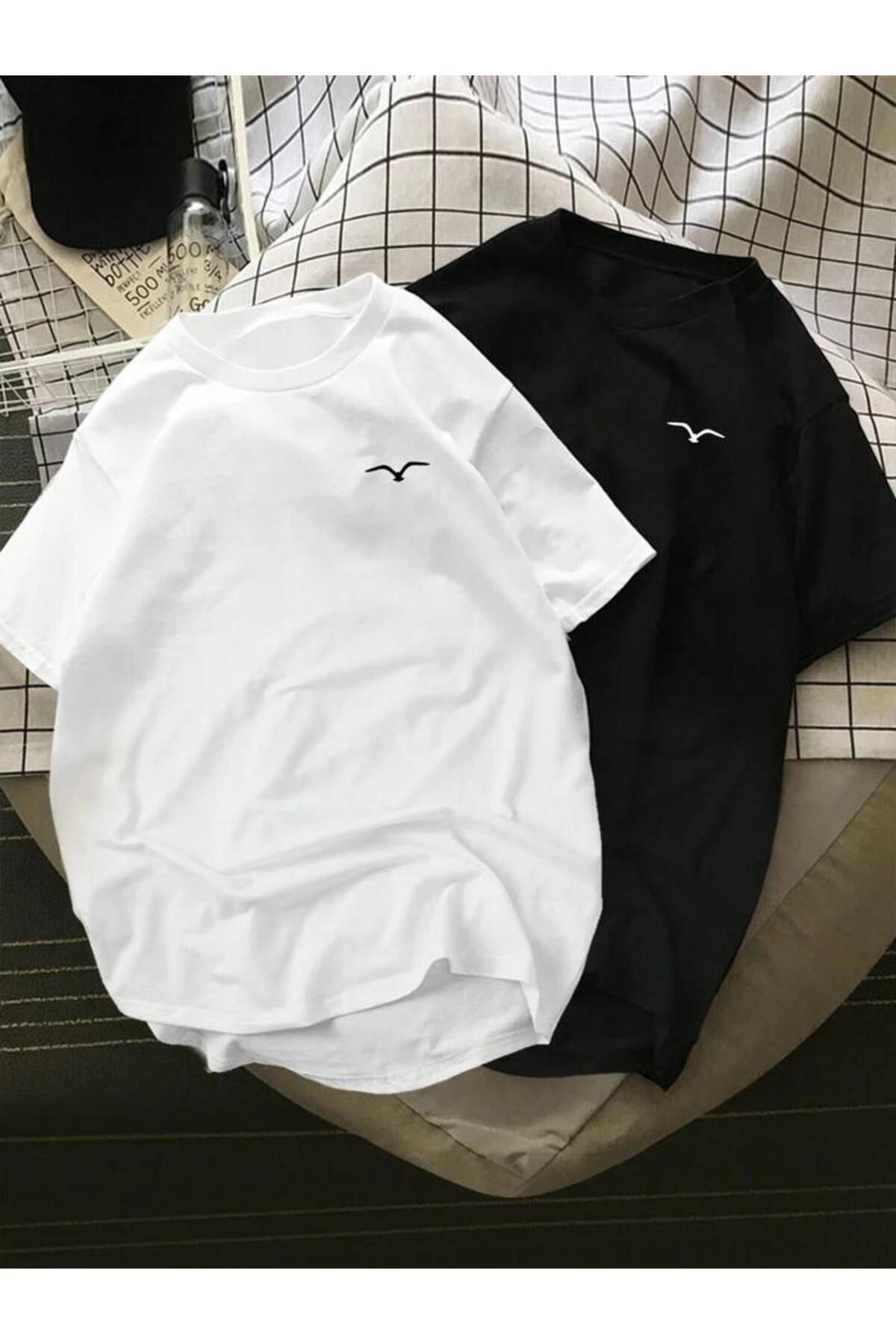 MANCY Unisex Kuş Baskılı Oversize 2'li Set %100 Pamuk T-shirt