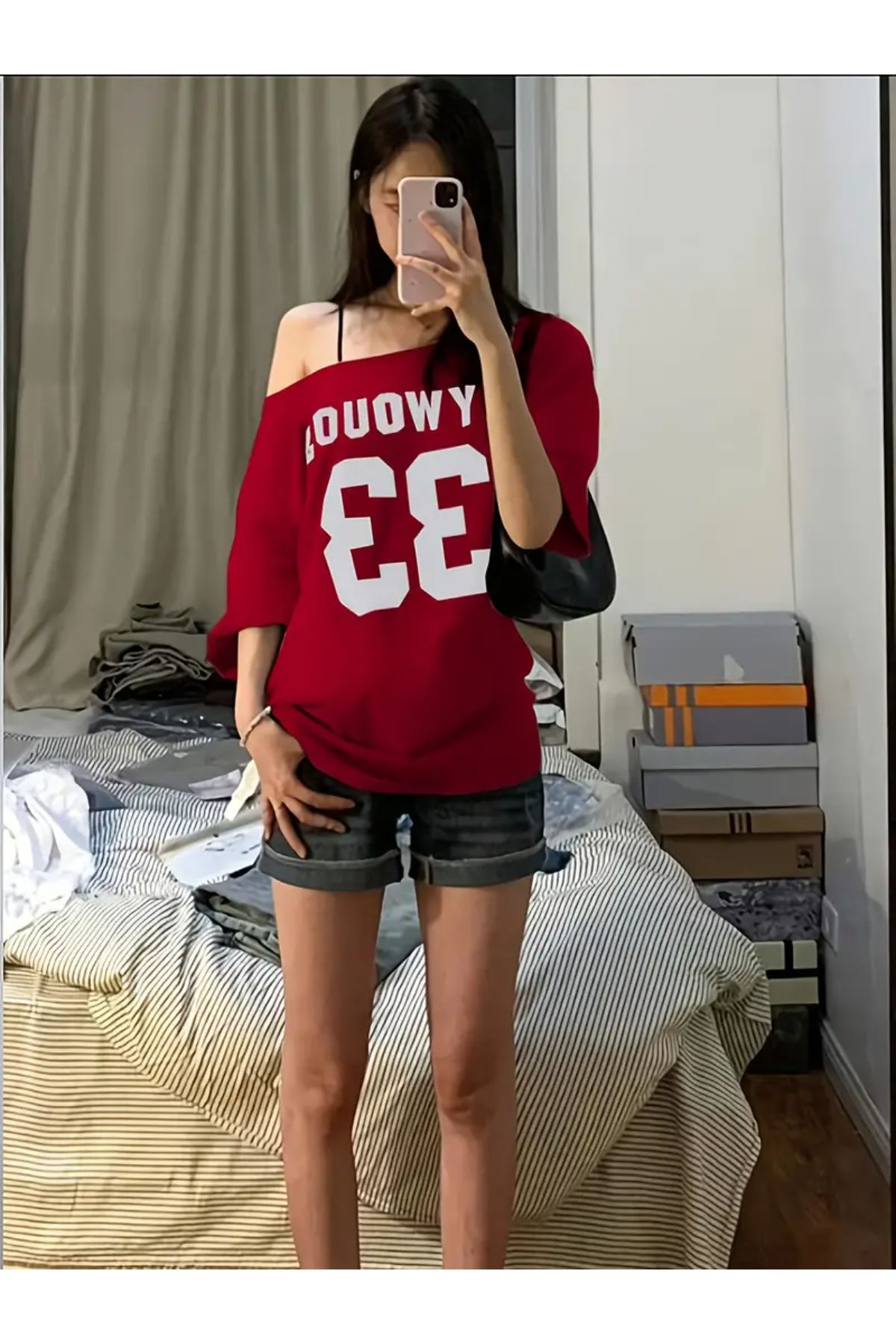 MANCY Kadın Kayık Yaka Oywouos Baskılı Oversize %100 Pamuk T-shirt