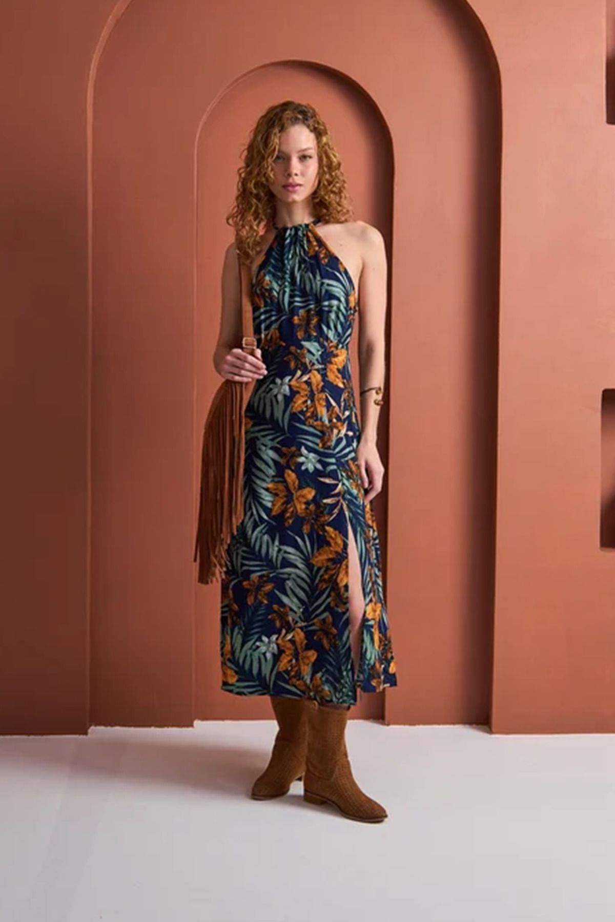 MODA Floral Print - Çiçek Baskılı Viskon Dokuma Uzun Boy Elbise