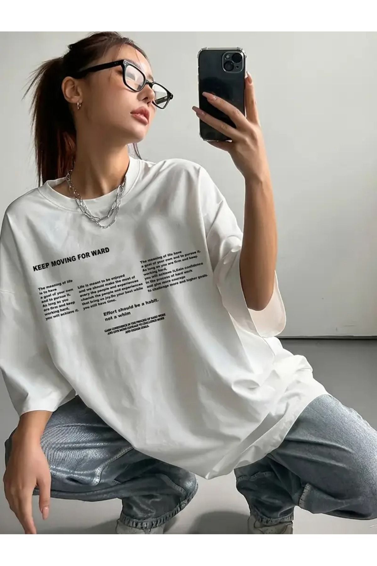 MANCY Unisex Keep Moving For Ward Baskılı Oversize %100 Pamuk T-shirt