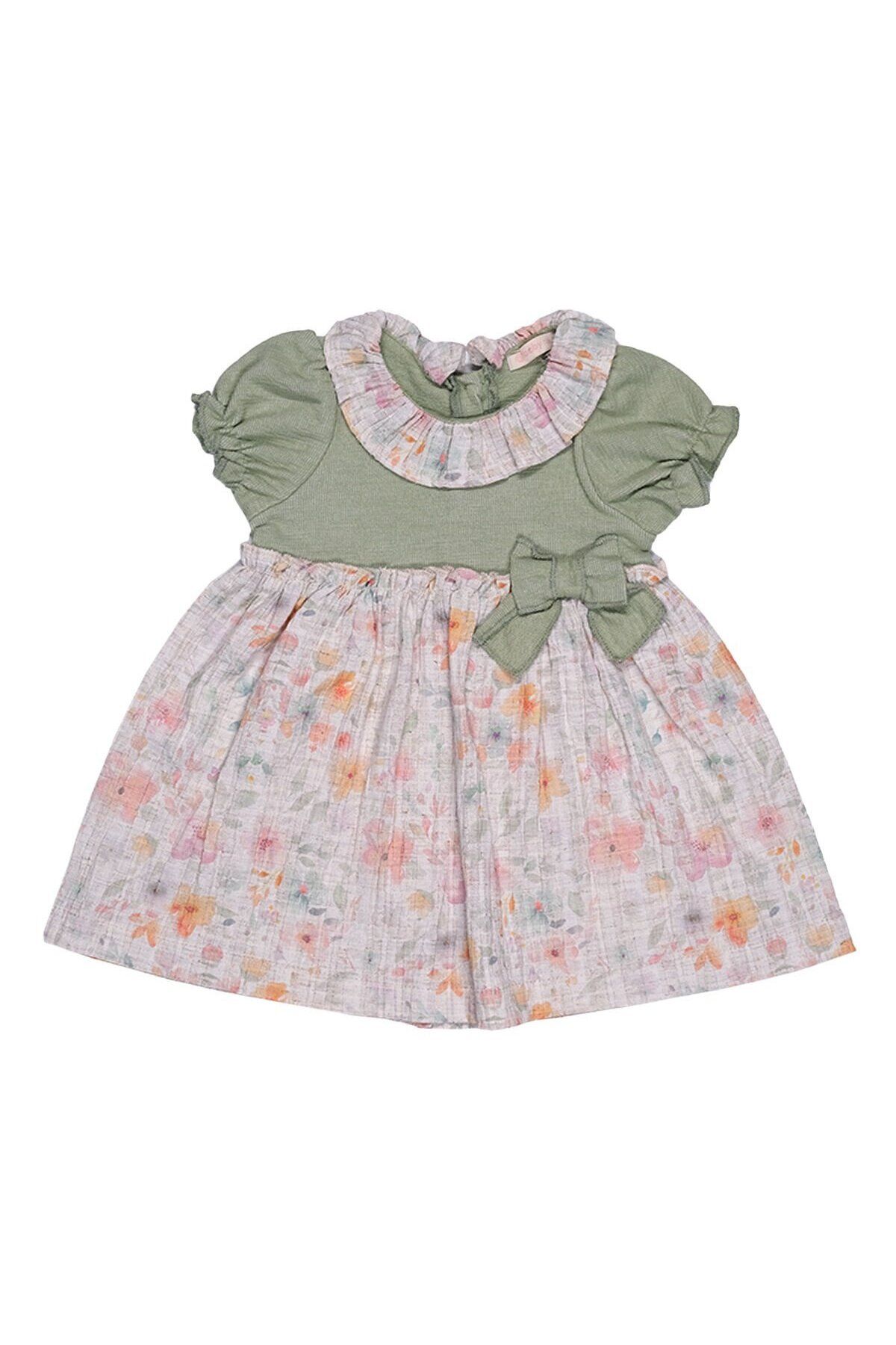 Baby Rose Triko Robalı Kurdeleli ve Çiçekli Desenli Kız Bebek Elbisesi