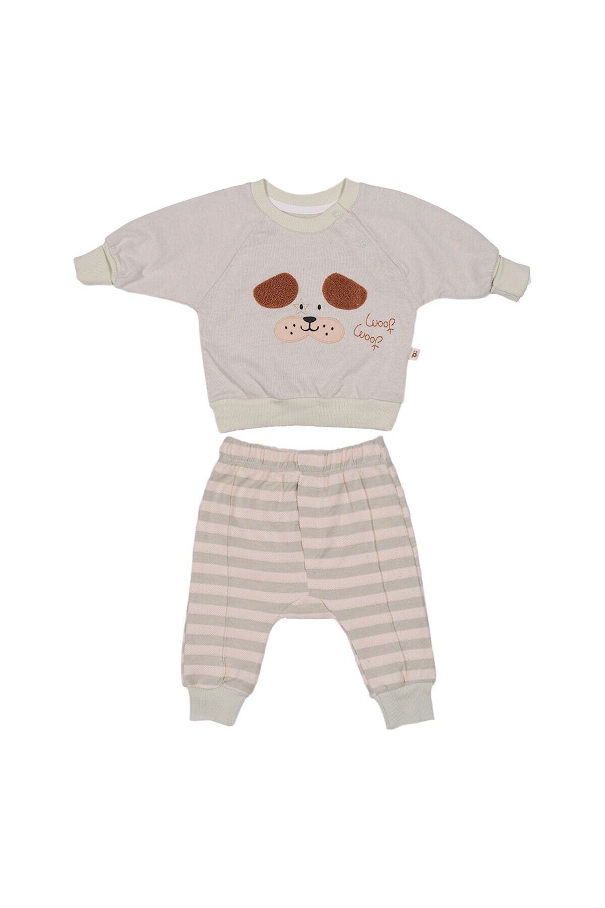 Jikko Baby Woof Mevsimlik 2'li Bebek Takımı – Köpek Aplikeli Sweatshirt ve Çizgili Pantolon
