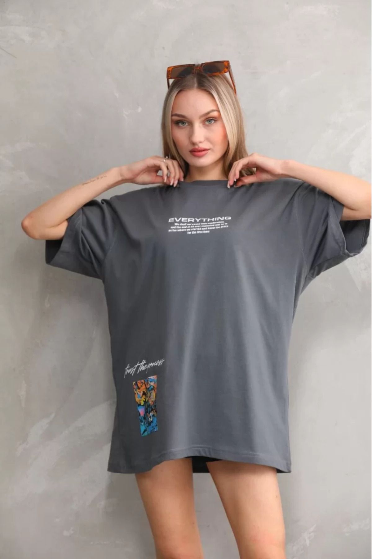 Flaubert Unisex Bisiklet Yaka Baskılı Oversize T-Shirt-Ön ve kollarda baskı