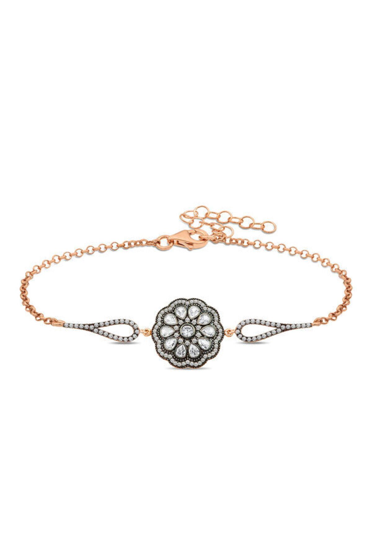 shop Rose Çiçek Desenli Elmas Montur Otantik 925 Ayar Gümüş Bileklik